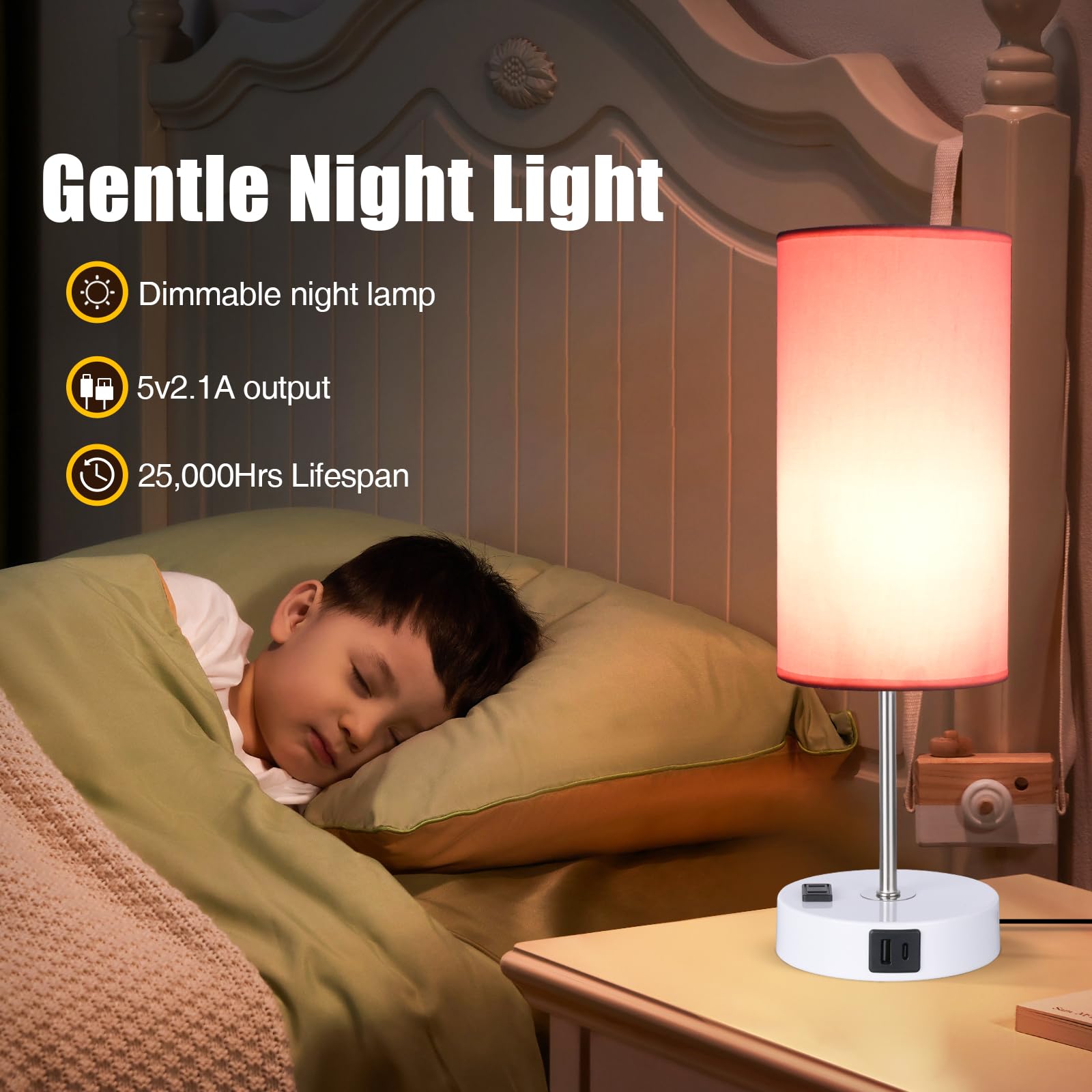 Gugsey Table Lamp With Usb Port - Desk Lamp Touch Lamp Bedside Lamps For Bedroom, 3 Way Dimmable Small Lamps For Living Room, Ni