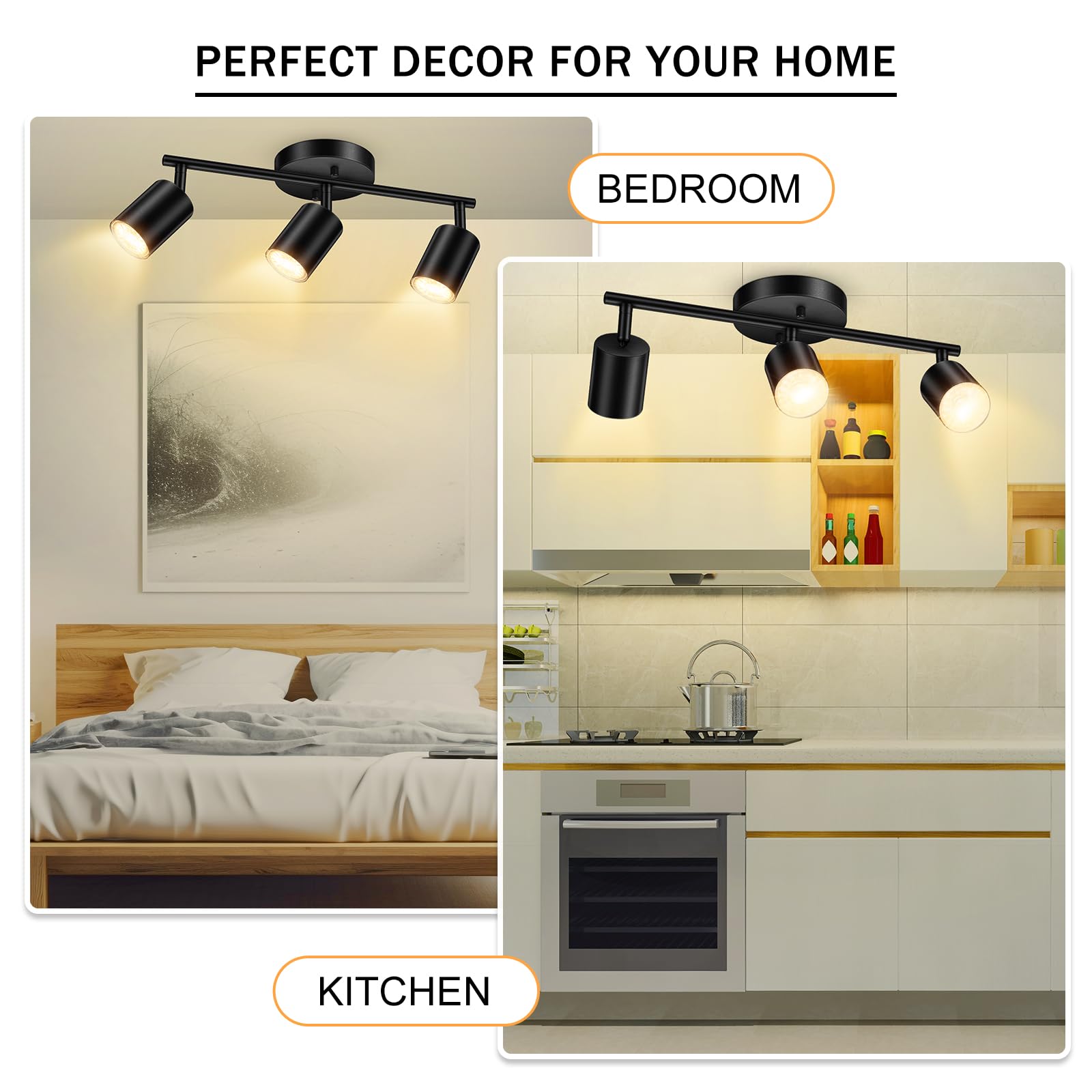 Boostarea Led 3 Light Track Lighting Kit, Black 3 Way Ceiling Spot Lighting, Flexibly Rotatable Light Head For Kitchen, Living R