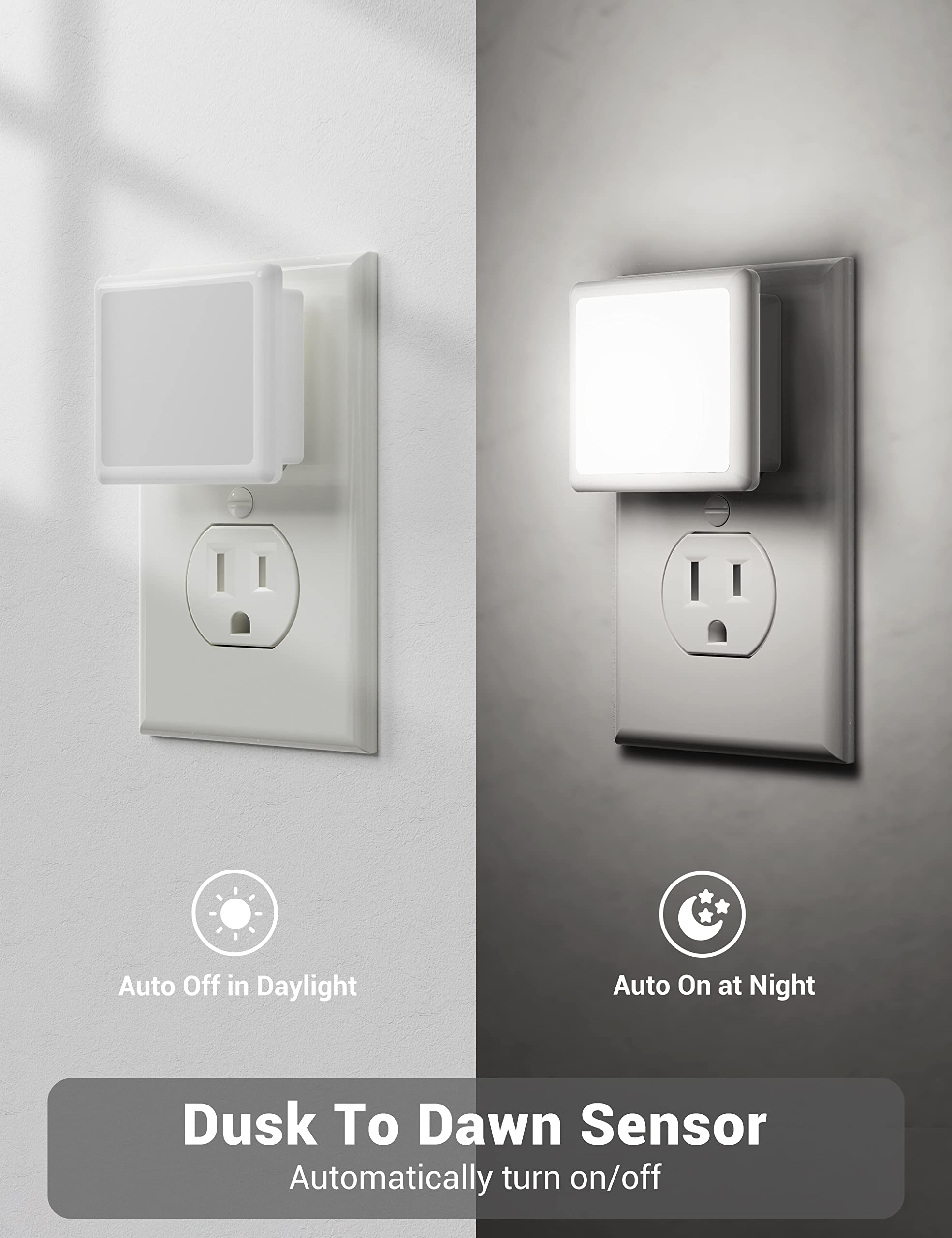 JandCase LED Night Light Plug with Light Sensors, 5000K Daylight, 4 Pack, Plastic, Suitable for Bathroom, Hallway, Kitchen