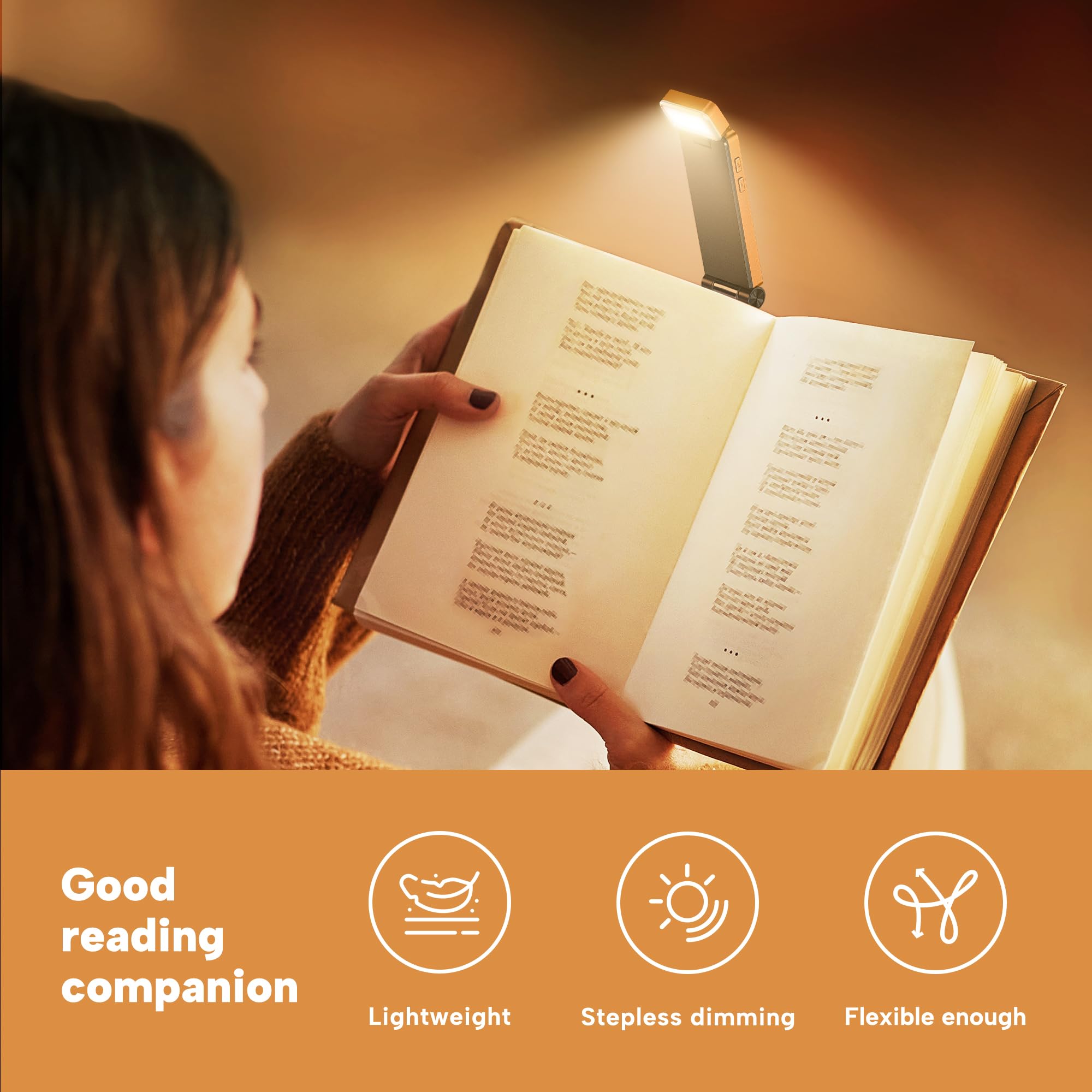 86Lux Book Light, Rechargeable Reading Lights For Books In Bed, Ultralight Clip-On Led Bookmark Lamp With 3 Amber Colors & Stepless Dimming For Night Reading For Book Lovers, Kids, Papaya Orange
