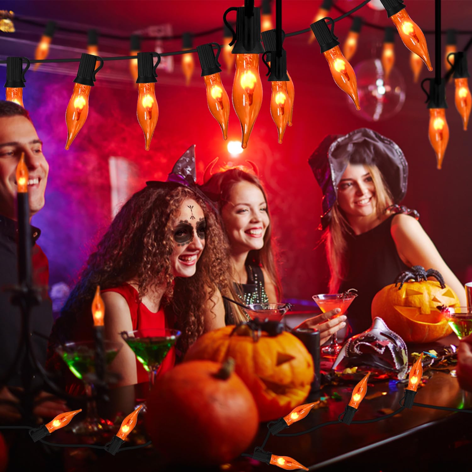 27.8Ft Orange Halloween Lights - Flickering Flame String Lights Orange Flickering String Lights With 25 Pack Orange Flame Light Bulbs For Fall Halloween Decorations Indoor Outdoor Home Party Mantel