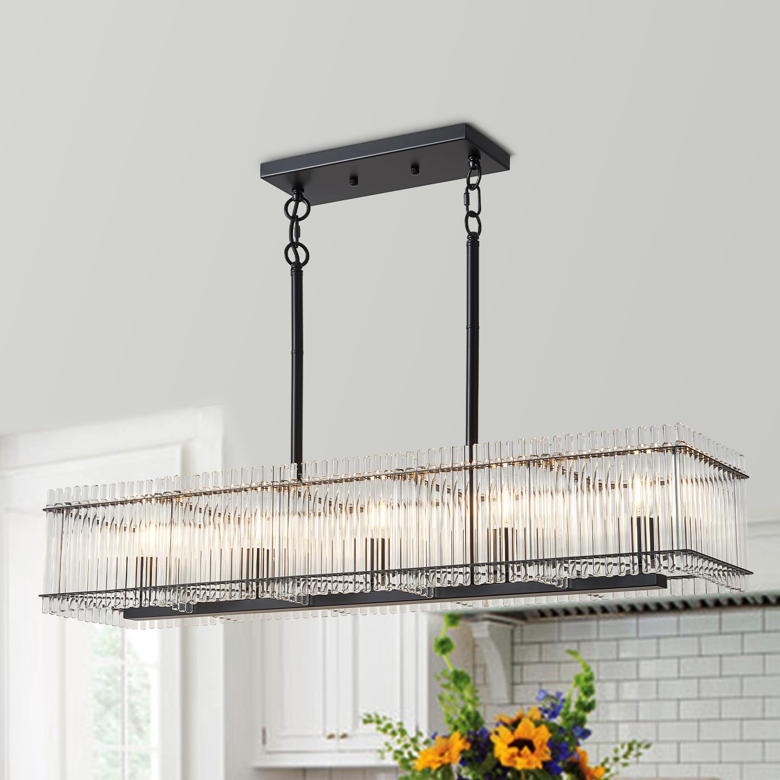 Lanhall 5-Light Modern Crystal Chandelier Luxury Black Dining Room Light Fixture Over Table Rectangle Farmhouse Hanging Pendant 