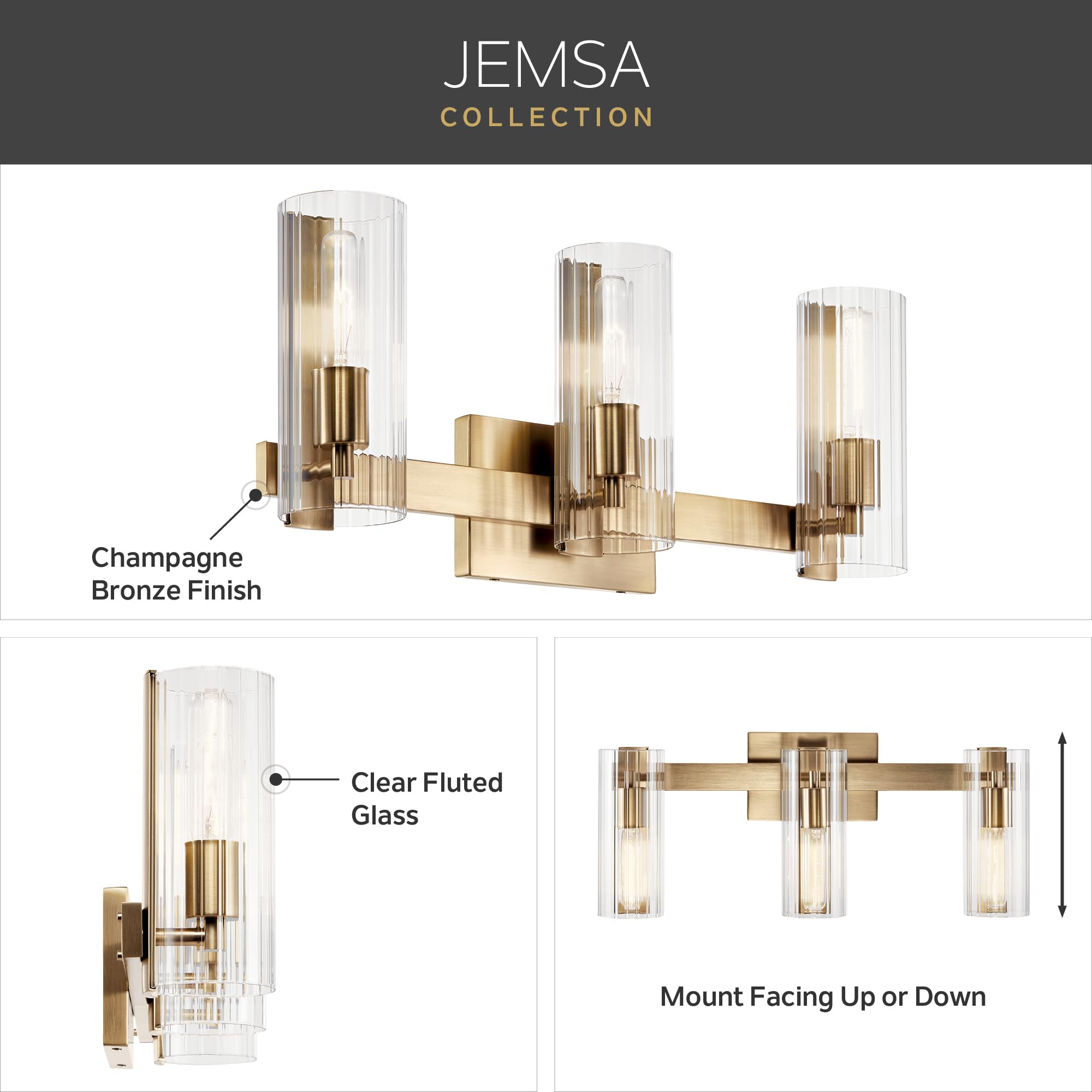 Kichler Jemsa 3 Light Vanity, Modern Light With Clear Fluted Glass In Champagne Bronze For Bathroom Or Powder Room (9.75'' X 22.