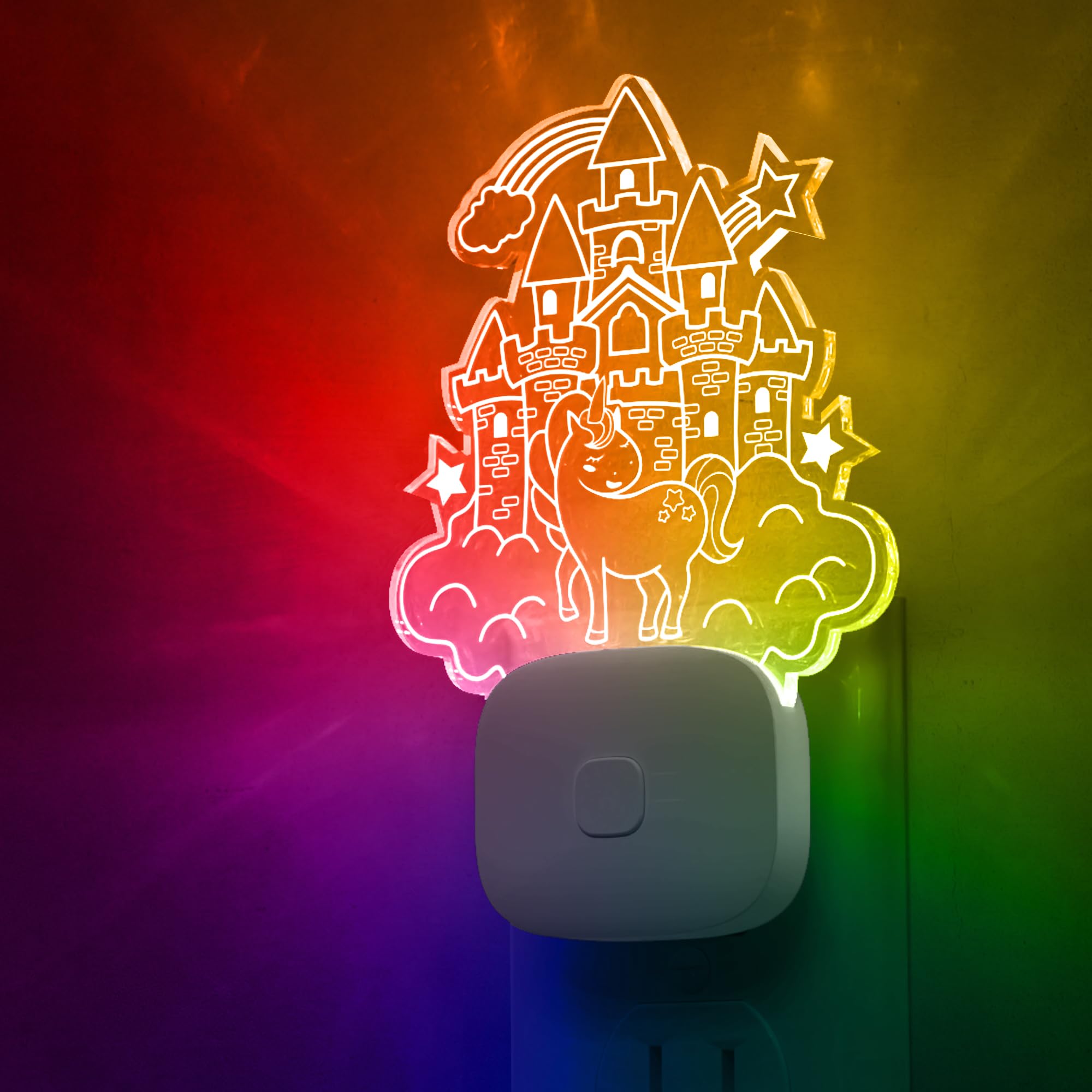 L LOHAS LED Night Light, Acrylic Carved Castle Design, 8-Color Changing, Dusk to Dawn Sensor, Model GY10309CAUS, Plug-in for Kids