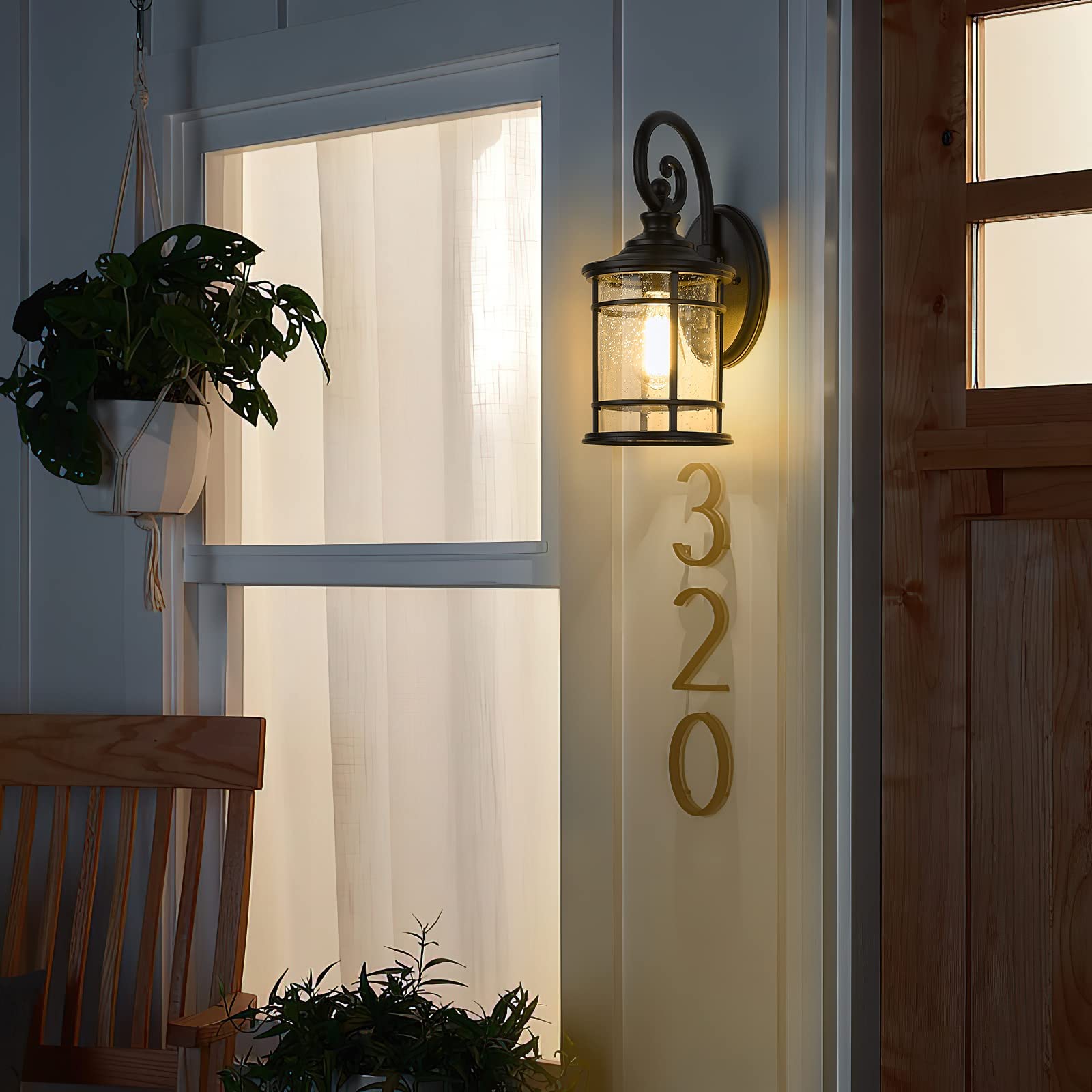 Emliviar Modern Outdoor Wall Lantern, Black Seeded Glass, 15.5&quot; Height, Garage/Porch Light