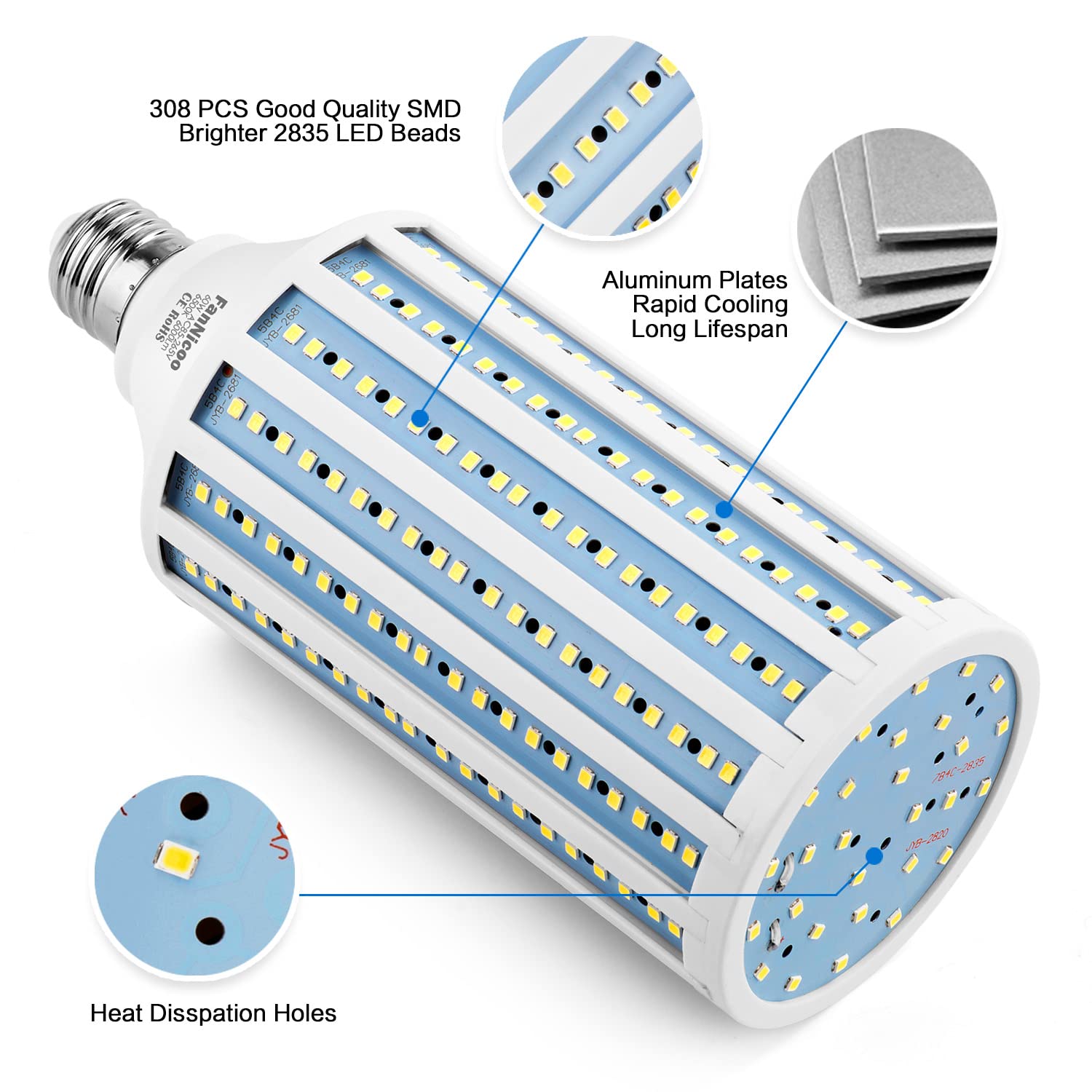 FanNicoo LED Corn Light Bulb 500W Equivalent 60W 6000 Lumen E26/E27 Cool Daylight White for Indoor/Outdoor Use