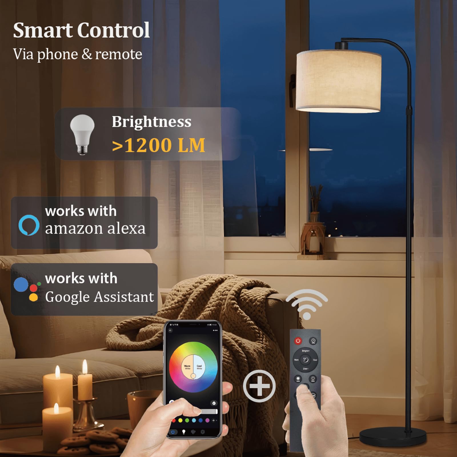 FINNCHY Black Floor Lamp with Remote Control, 1200 Lumens Adjustable Height Arc Floor Lamps for Living Room, Black Standing Lamp