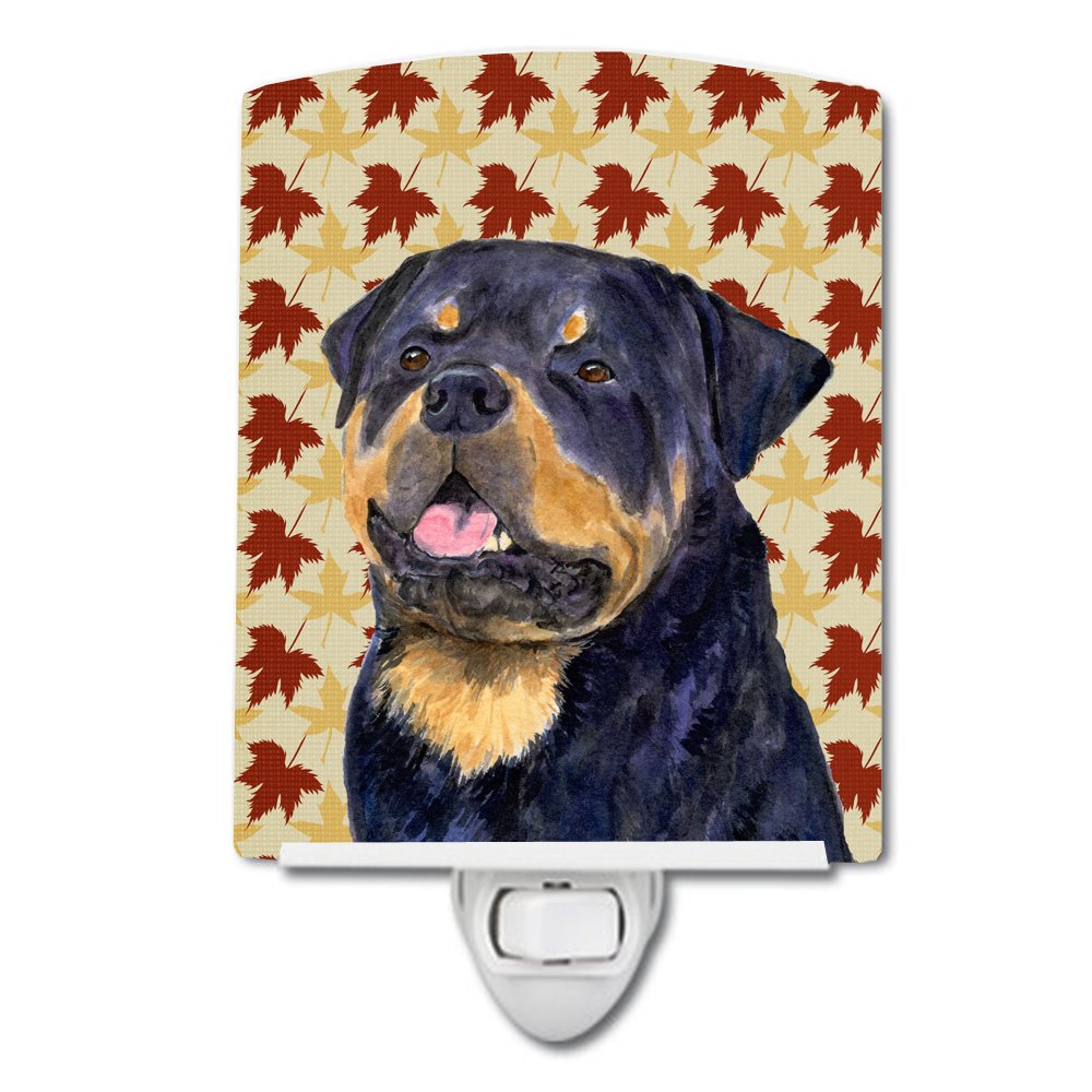 Caroline'S Treasures Ss4332Cnl Rottweiler Fall Leaves Portrait Ceramic Night Light Compact, Ul-Certified, Ideal For Bedroom, Bathroom, Nursery, Hallway, Kitchen, 6X4X3, Multicolor