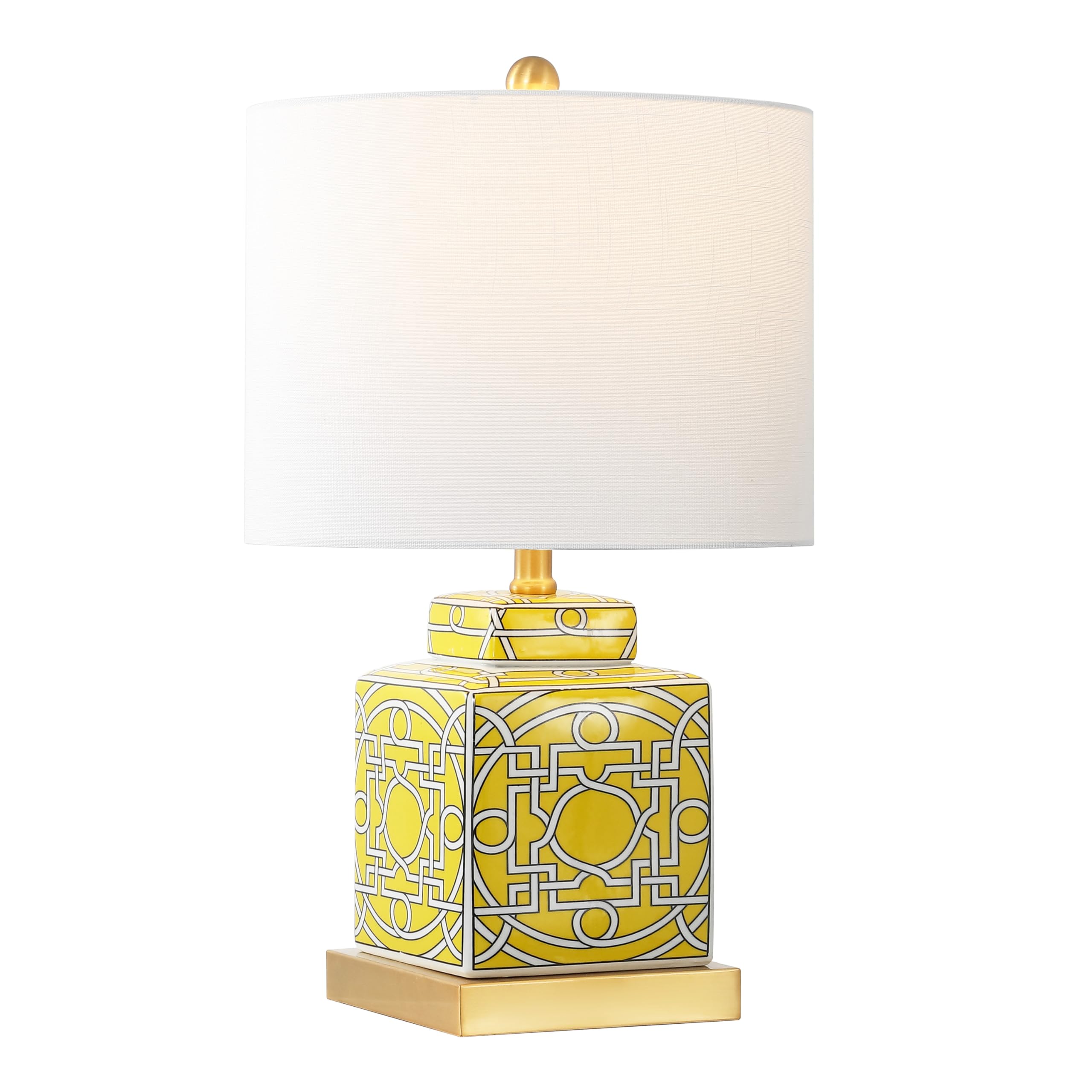 JONATHAN Y 22 Yellow/White Modern Ceramic Ginger Jar Table Lamp for Nightstand, Square Lattice Transitional Chinoiserie Lamp for