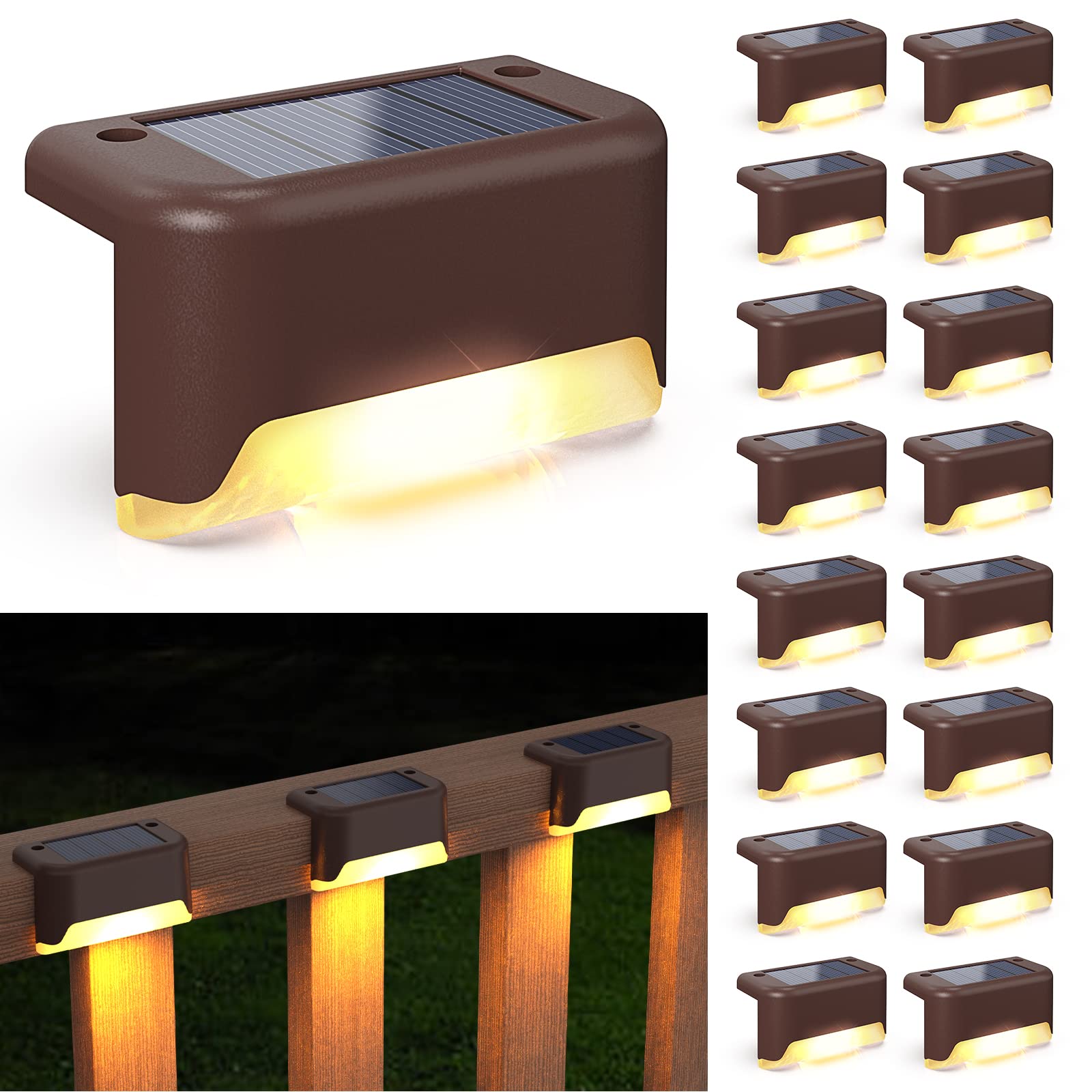 APONUO Solar Deck Lights, 16 Pcs Waterproof LED Fence Lamp, Warm White, Brown, Plastic