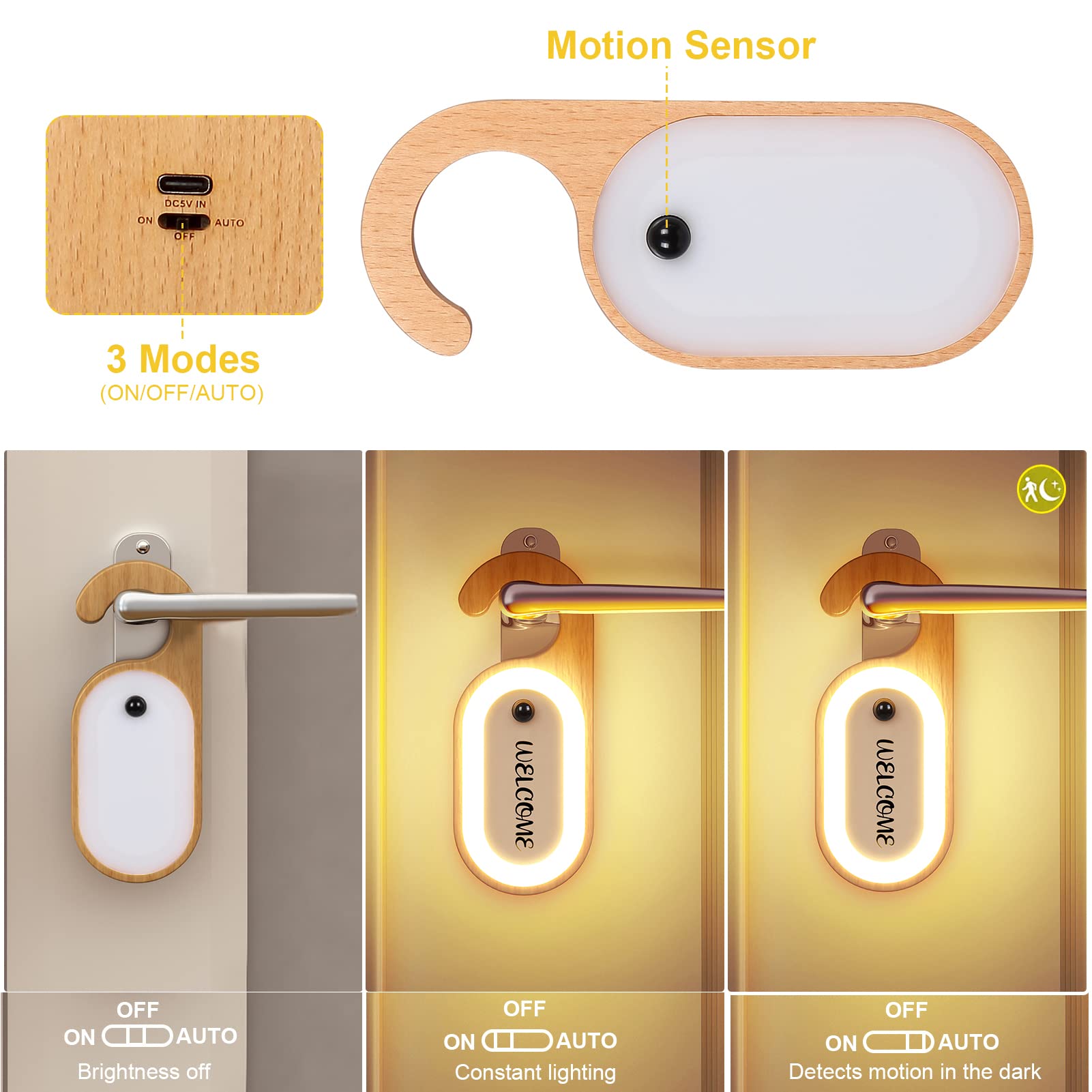 Leapair Wooden Message Memo Motion Sensor Night Light, Doorknob Board Led Lamp, Rechargeable Doorhandle Warm Light Hook Design F