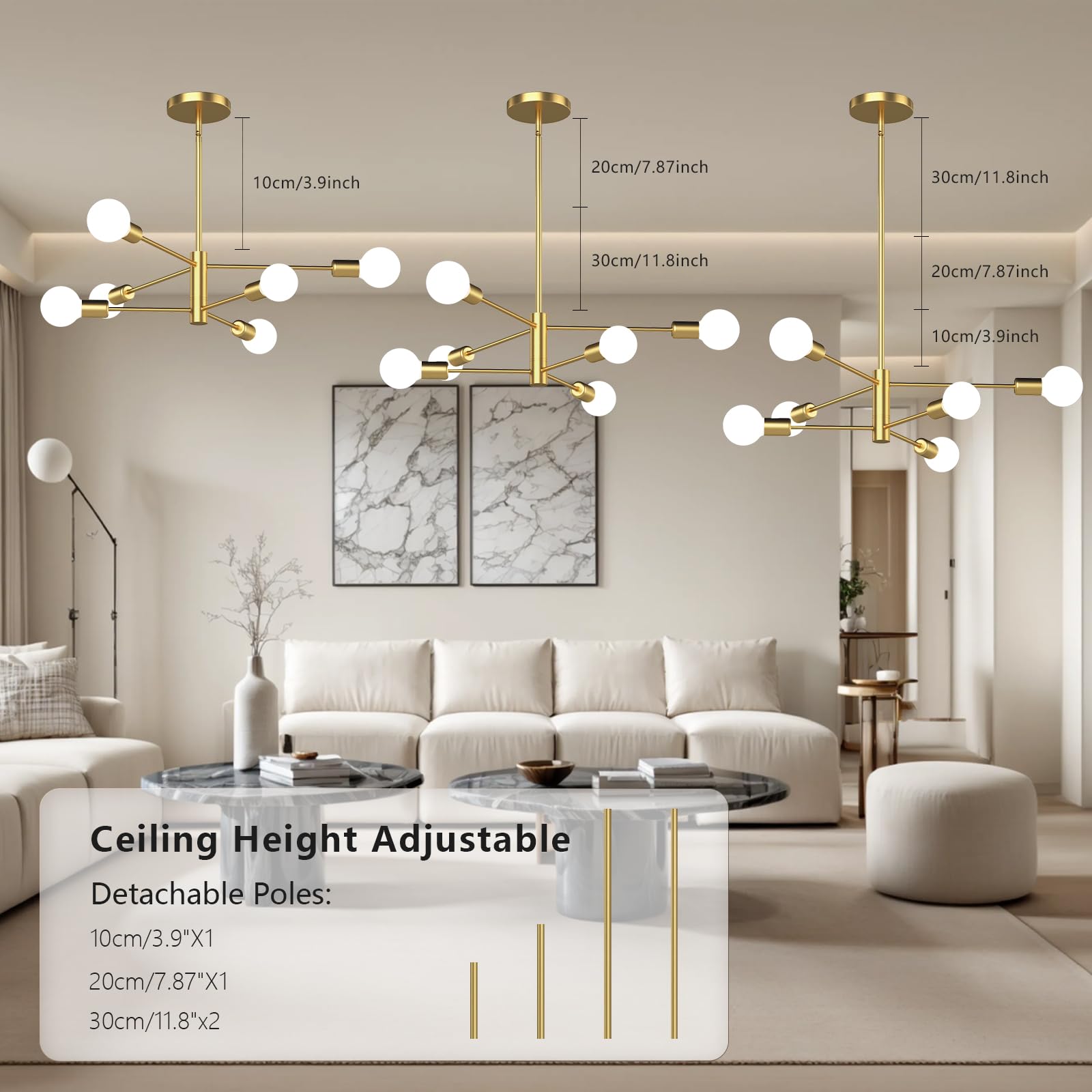 Eugitrains Gold Modern Sputnik Chandelier Ceiling Light Fixture, 6-Lights Mid Century Chandeliers Flush Mount Sputnik Lights Fix