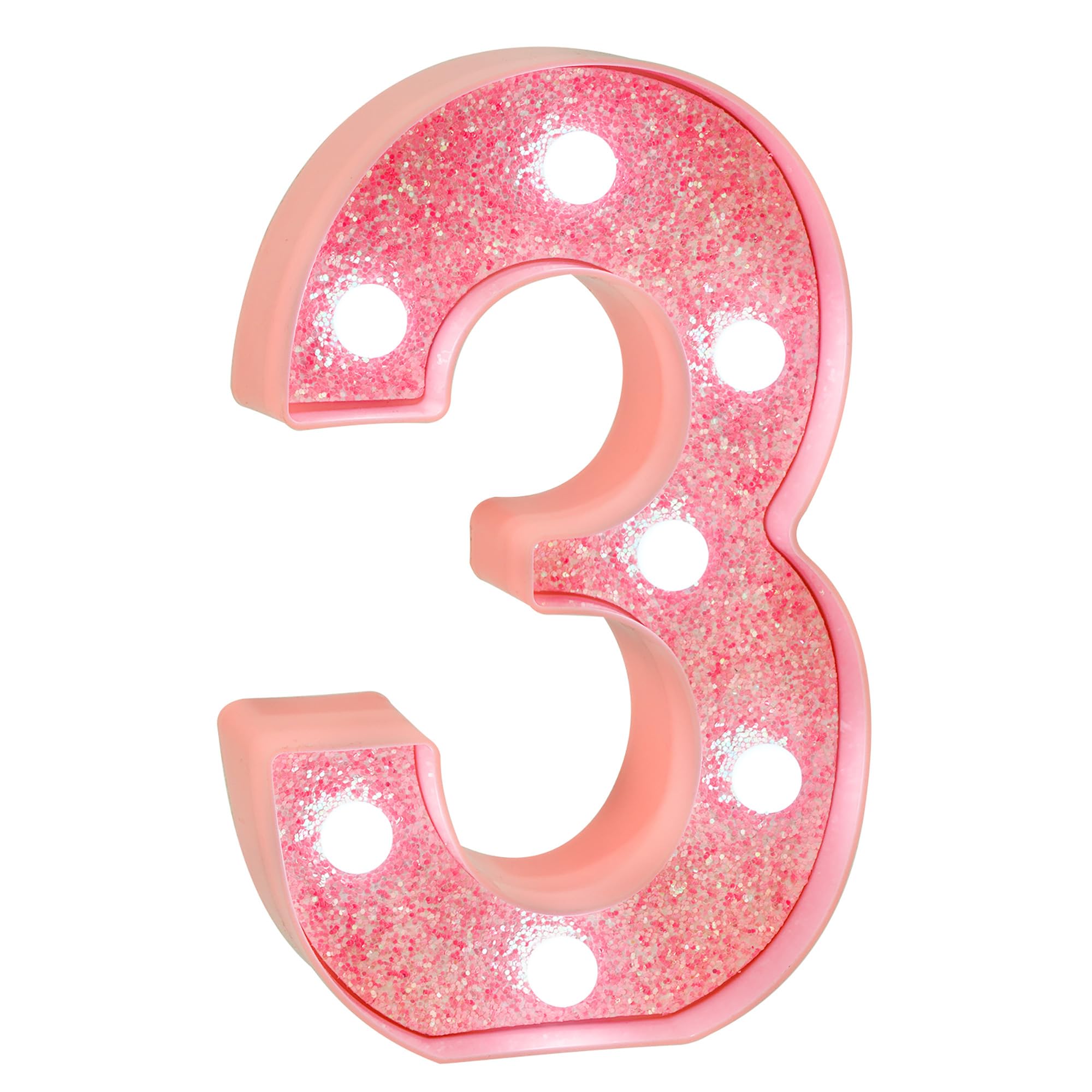 EUFONY Pink Glitter LED Marquee Light Up Number 3 with Cool White Lights, Battery-Powered Numbers sign for Girls Birthday Party