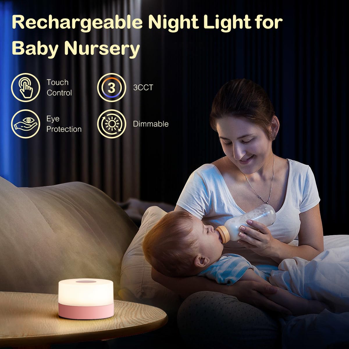 JUSHENG Night Light, Rechargeable LED Touch Lamp, Stepless Dimming, Portable, Pink, Model CG0025PK