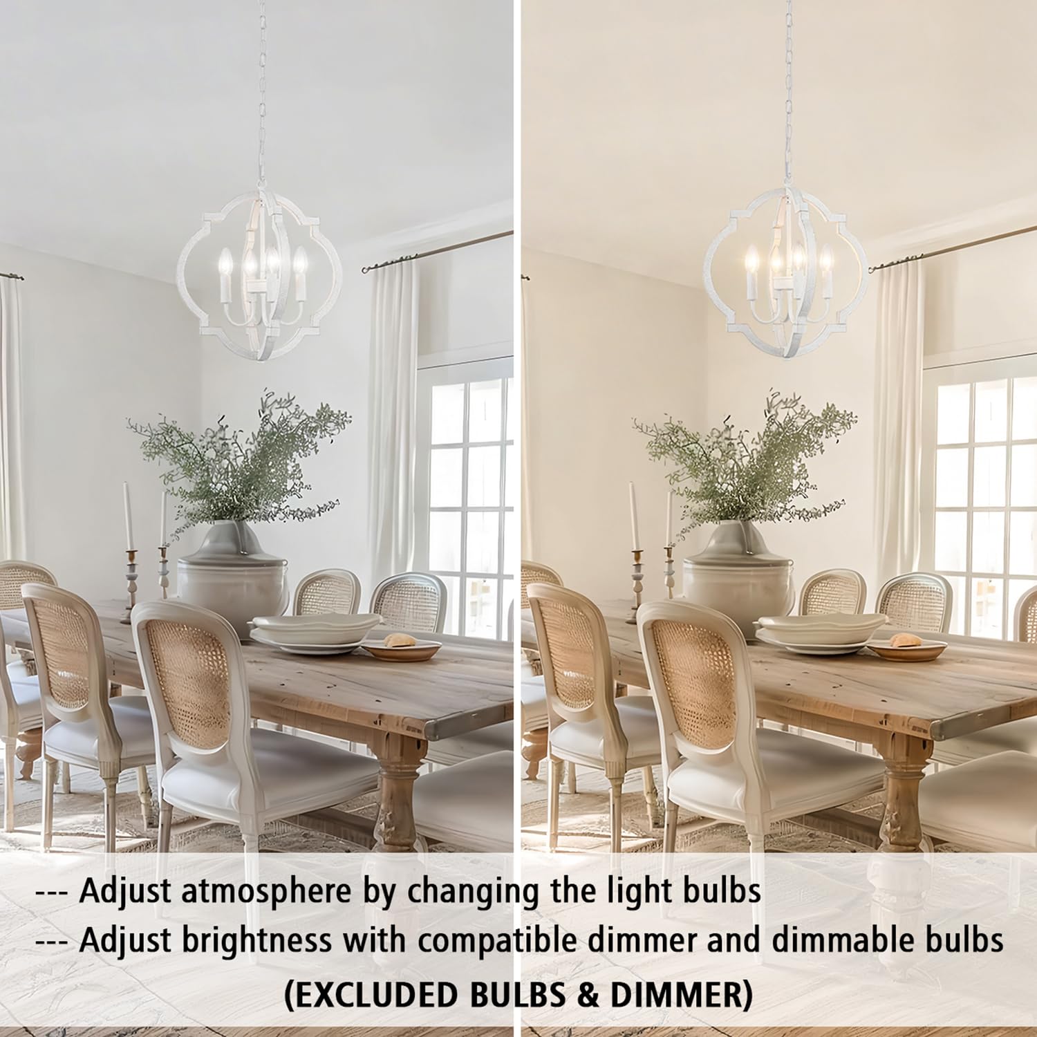 LASENCHOO 4-Light Plug-in Farmhouse Chandelier, Wood Rustic Pendant Lighting, White, Model Y5020S-4-D for Dining Room or Outdoor Use