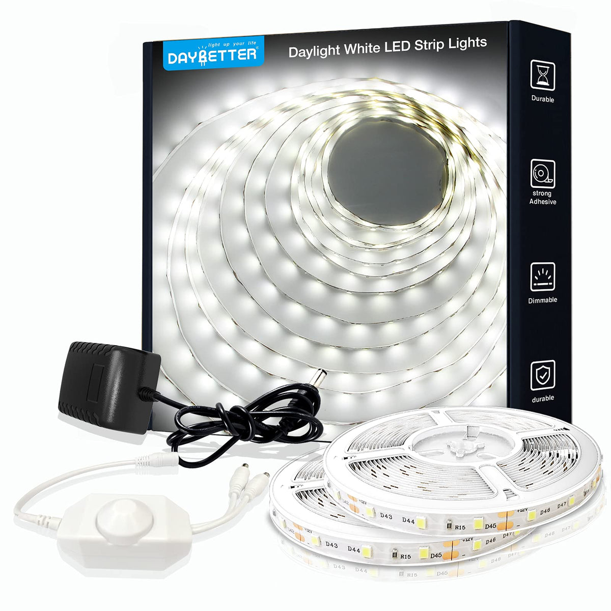 Daybetter White Led Strip Light, 40Ft Dimmable Bright Rope Light, 6500K 12V Light Strips, 720 Leds 2835 Tape Lights For Bedroom,