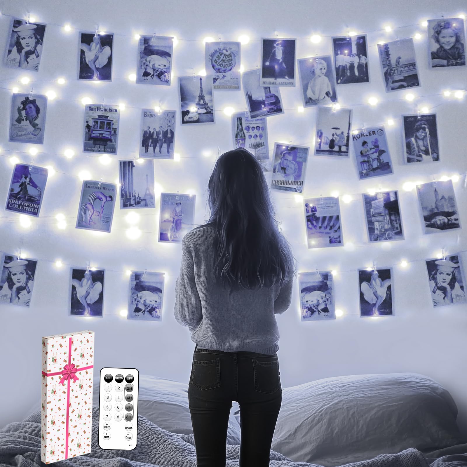 BRYUBR 120 LED Photo Clips String Light with 52 Clear Picture Clips, 40FT Fairy Lights with Remote, Timer & 8 Modes USB Powered Copper Wire Lights for Bedroom, Dorm, Christmas, Party White