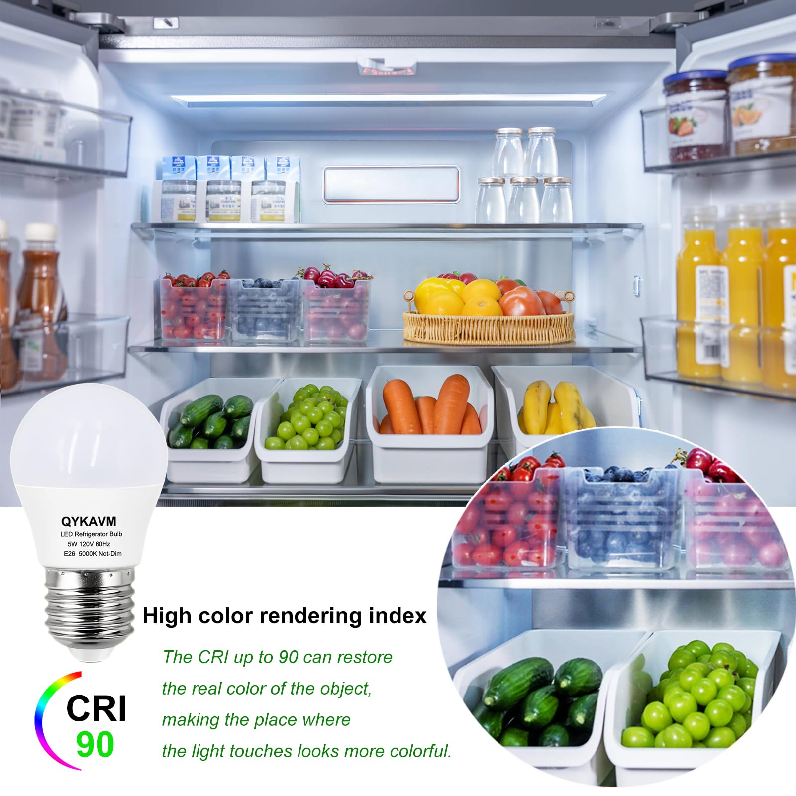 QYKAVM 5W A15 E26 LED Refrigerator Light Bulb, 40W Equivalent, Waterproof, 500LM, 5000K Daylight White, 2 Pack
