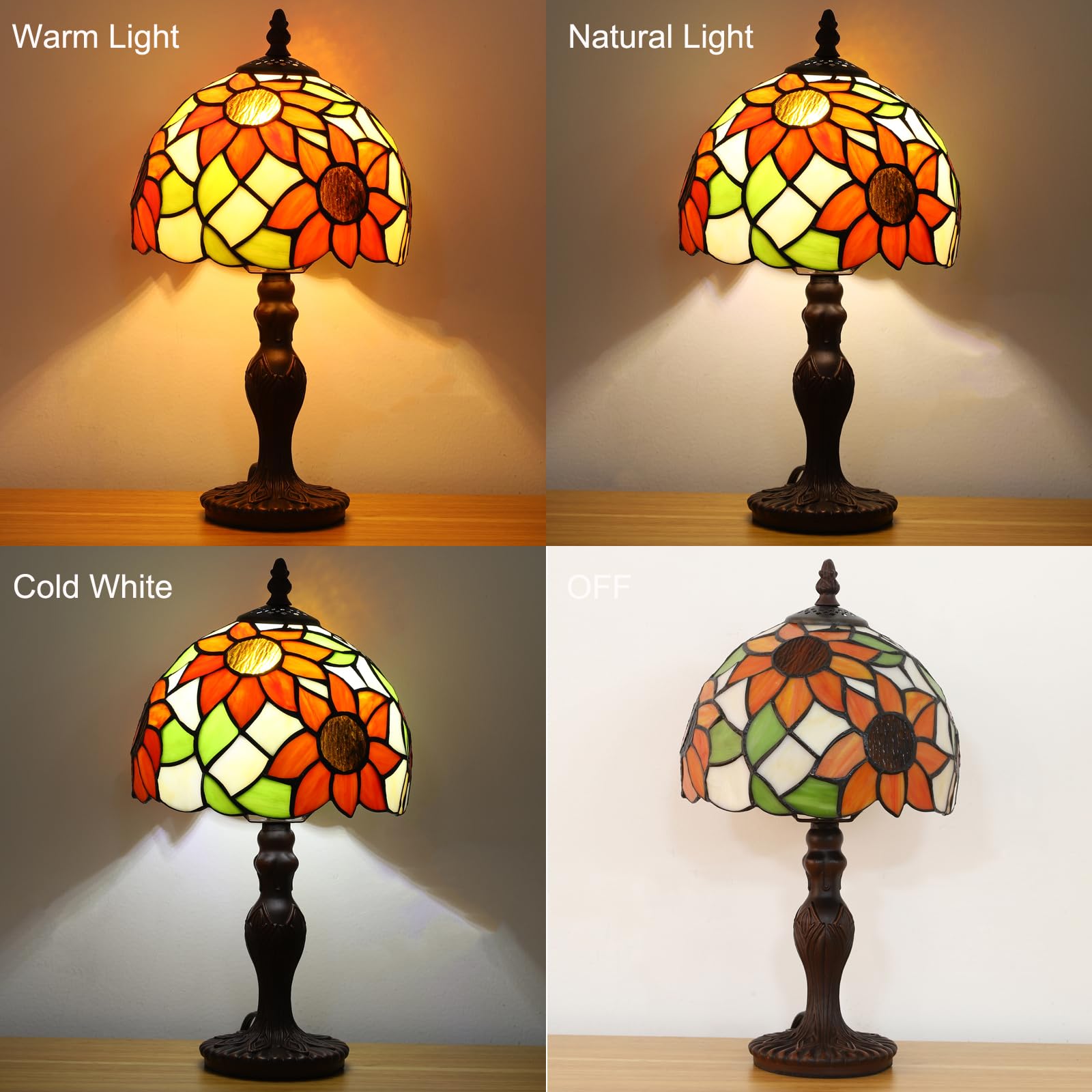 Tuomoxte Tiffany Style Table Lamp,Sunflower Stained Glass Lamp,8X8X15 Inch Small Accent Antique Nightstand Bedside Table Lamps For Bedroom Living Room Home Office W/ 3 Color Temperatures Led Bulb
