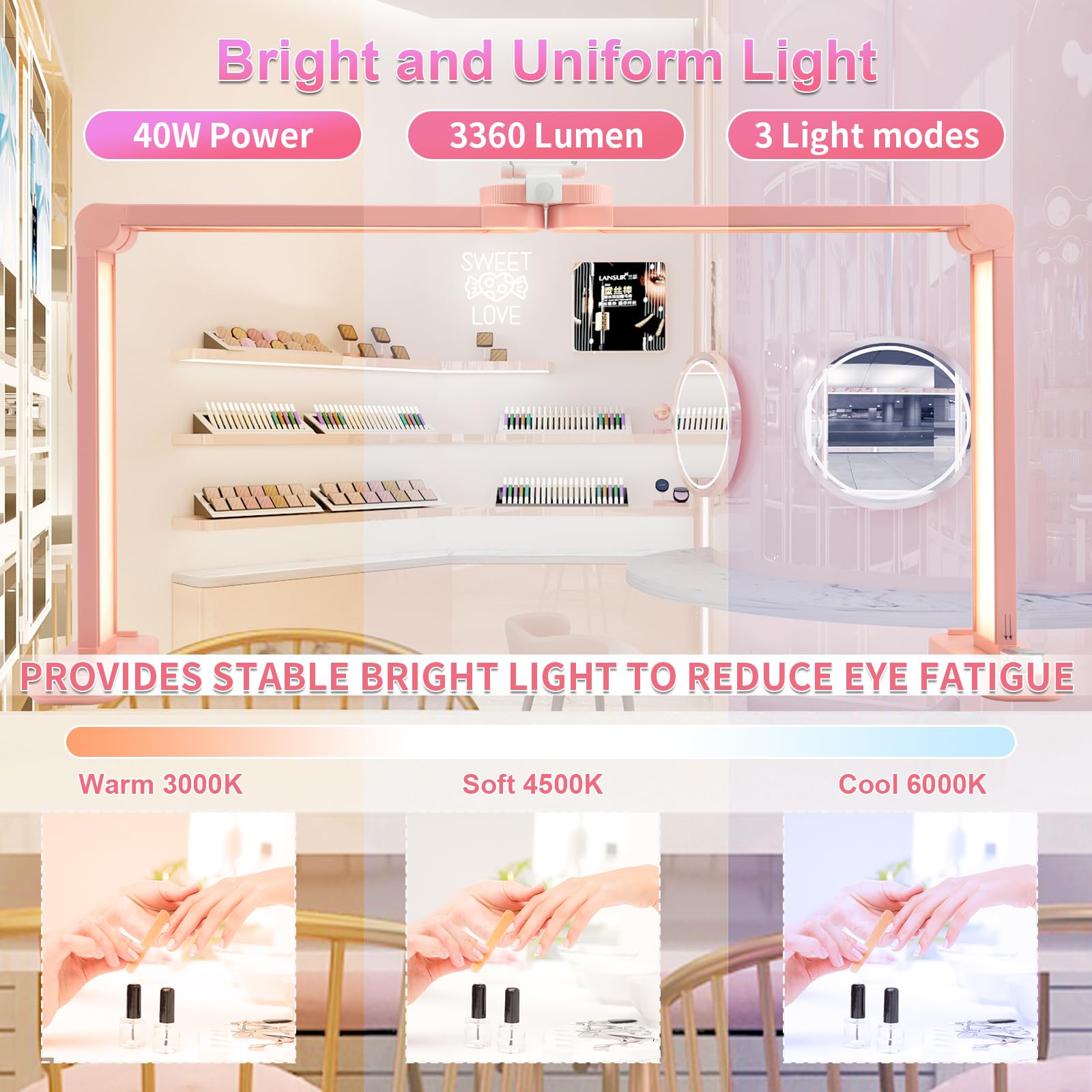 Bqan Nail Tech Lamp For Desk With Phone Holder, 33'' 40W Foldable Table Lamp For Nail, Lash Eyelash Extension, Tattoo - 3 Modes