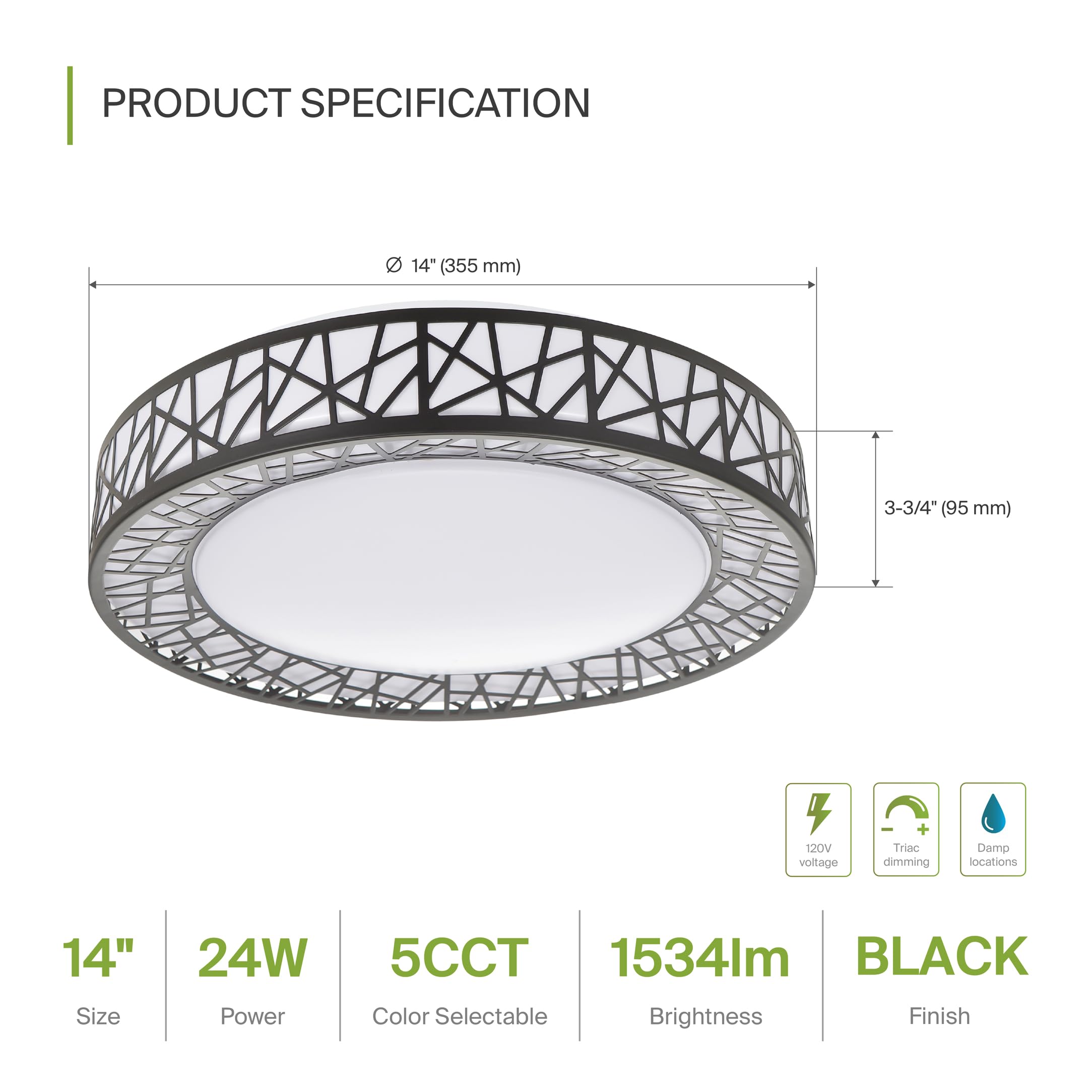Asd 14 Inch Led Flush Mount Ceiling Light - Matte Black Modern Ceiling Light Fixture 24W 1534Lm, 2700-5000K Adjustable Dimmable