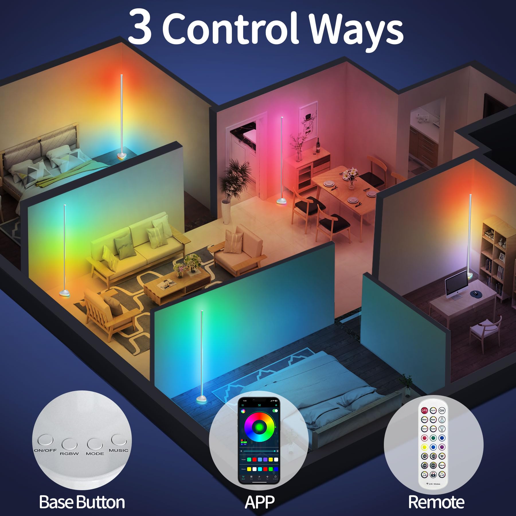 Lansuper Corner Floor Lamp,Smart Rgb Led Corner Floor Lamp With Luminous Base, 21W 1800Lm Super Bright Floor Lamp With App & Rem