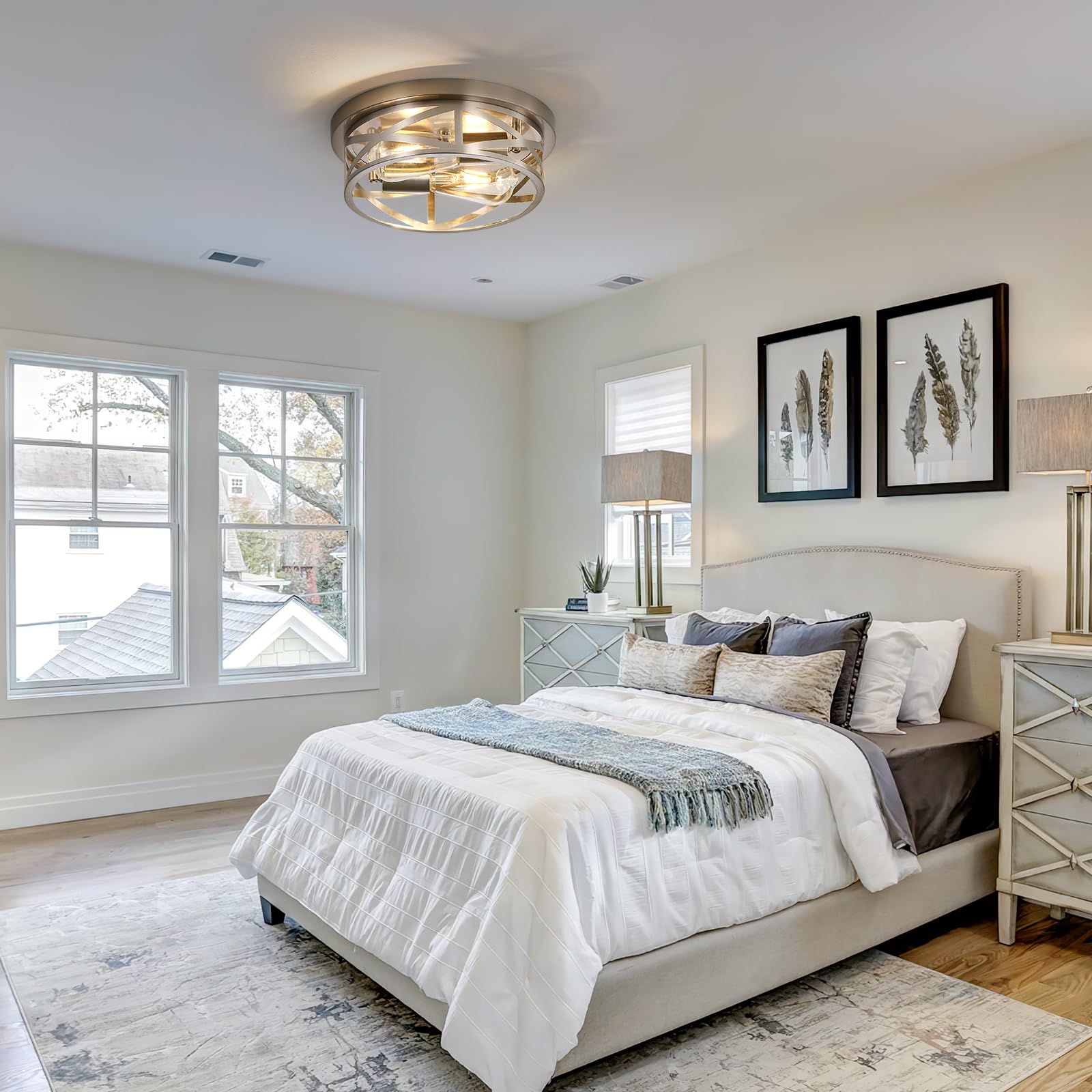 Close To Ceiling Light Fixtures, 2-Light Brushed Nickle Flush Mount Ceiling Light, 11 Inch Metal Cage Cross Modern Indoor House