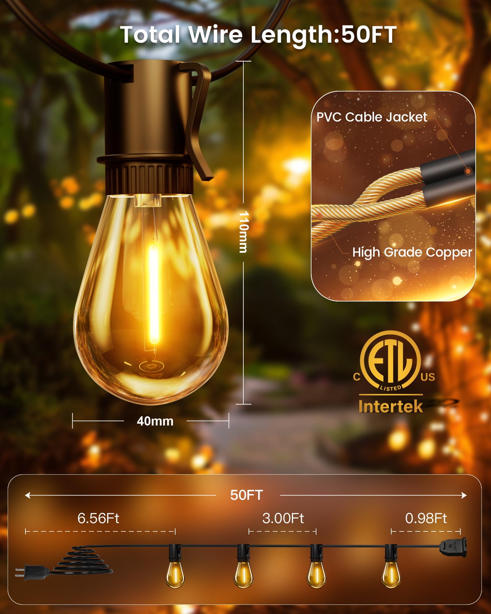Torkase 50FT Outdoor String Lights, LED S14 Shatterproof Bulbs, Waterproof Dimmable Patio Lights, Warm White, Model GLS-20J2P-E17-S14-