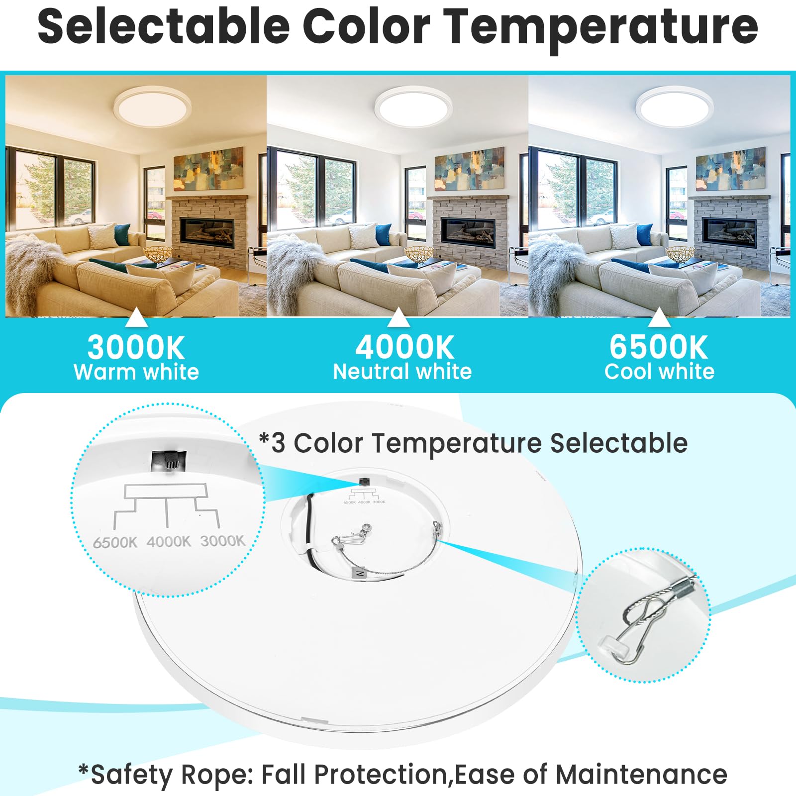 libtit 16-Inch LED Ceiling Light Fixture, 36W 3600lm, 3000K/4000K/6500K Adjustable, White Satin, Model CLS39A-W