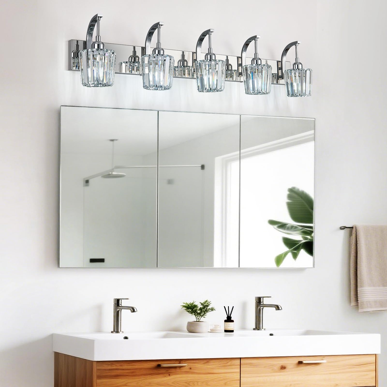 Fdpby Modern Bathroom Vanity Light  5-Light Chrome Wall Sconce With Crystal Accents  Over Mirror Bathroom Lighting Fixture  42.52 Long Dimmable Vanity Lamp For Makeup  Easy Installation