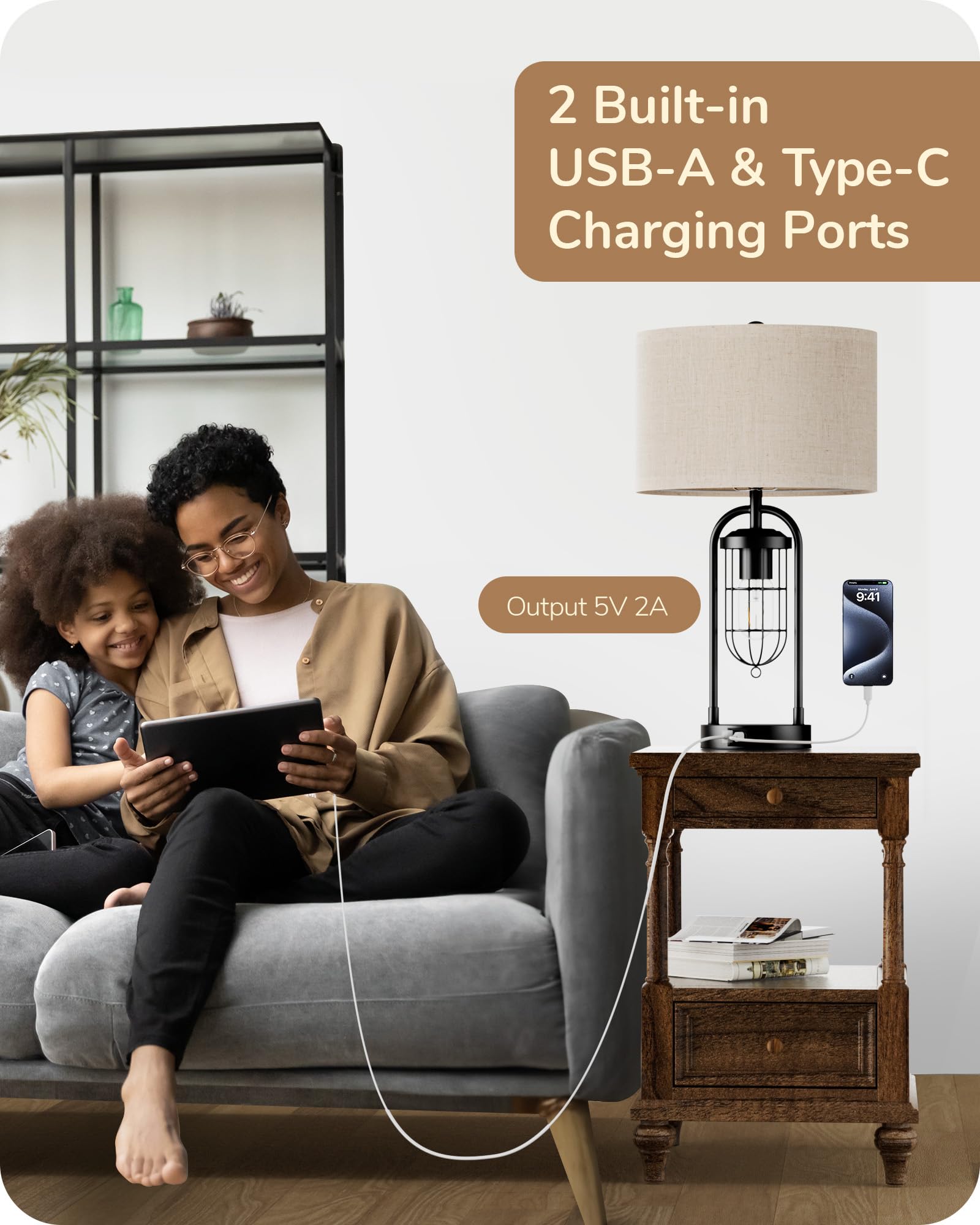 EDISHINE Farmhouse Table Lamp with Night Light, 22.84 Bedside Lamps Set of 2 with A+C USB Ports, 3 Way Dimmable Nightstand Lamp