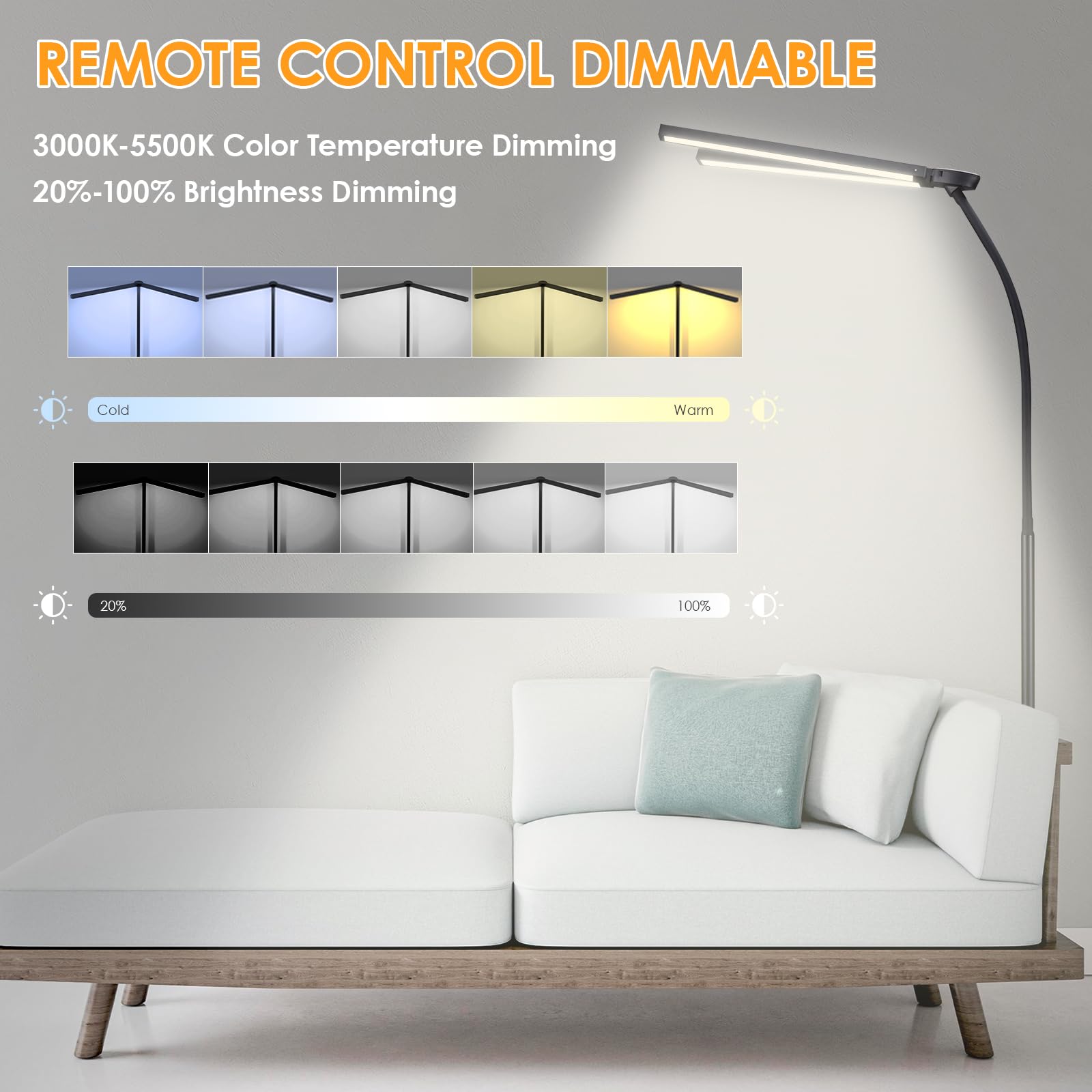 Starmoitic Led Floor Lamp, 24W 2400Lm Tall Reading Lamp, Floor Standing Office Task Lamp, Double Head Lash Light, Adjustable Gooseneck Craft Light, Dimmable Tattoo Light, Puzzle Lamp For Living Room