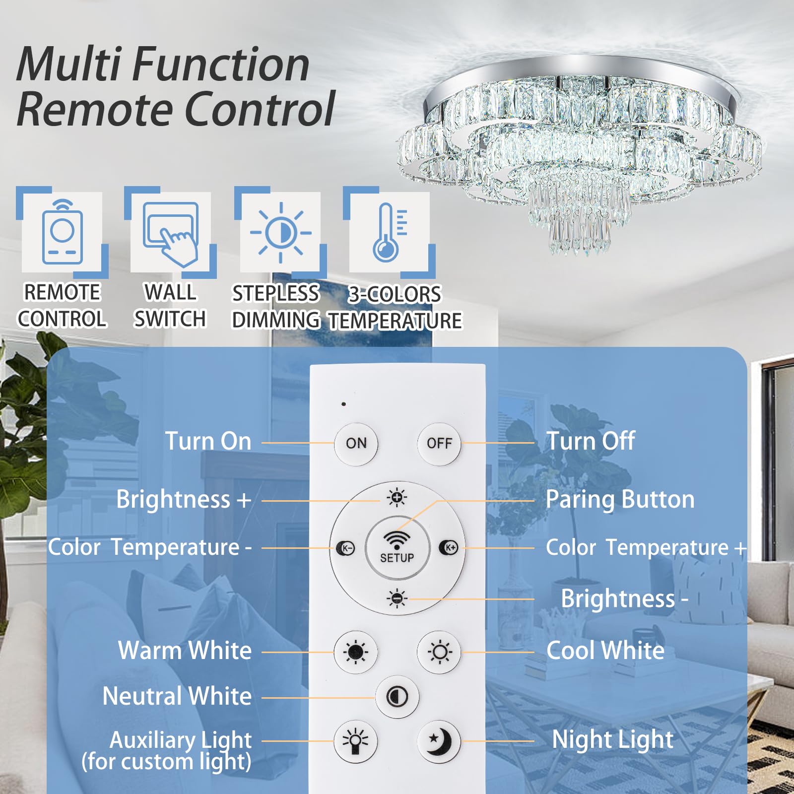 Hongnuofc 21 Inch Crystal Chandeliers With Remote Control Led Chandelier Modern Mount Flush Mount Chandelier Ceiling Light Fixtu