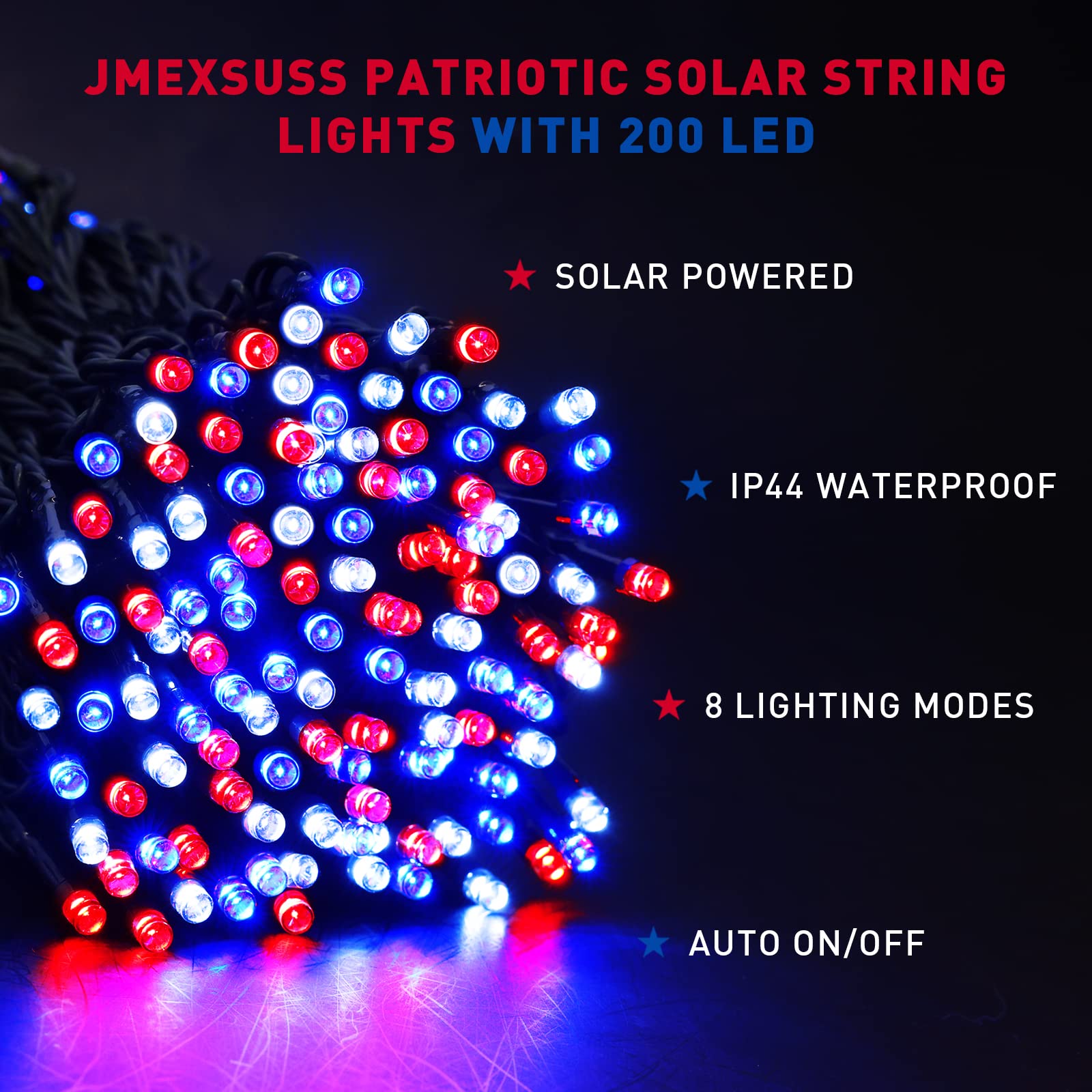 Jmexsuss 2 Pack Red White And Blue Solar Lights 100Led 33Ft Patriot Solar String Lights Waterproof, 8 Modes 4Th Of July Lights For Independence Day, Gardens, Tree, Outdoor 4Th Of July Decorations