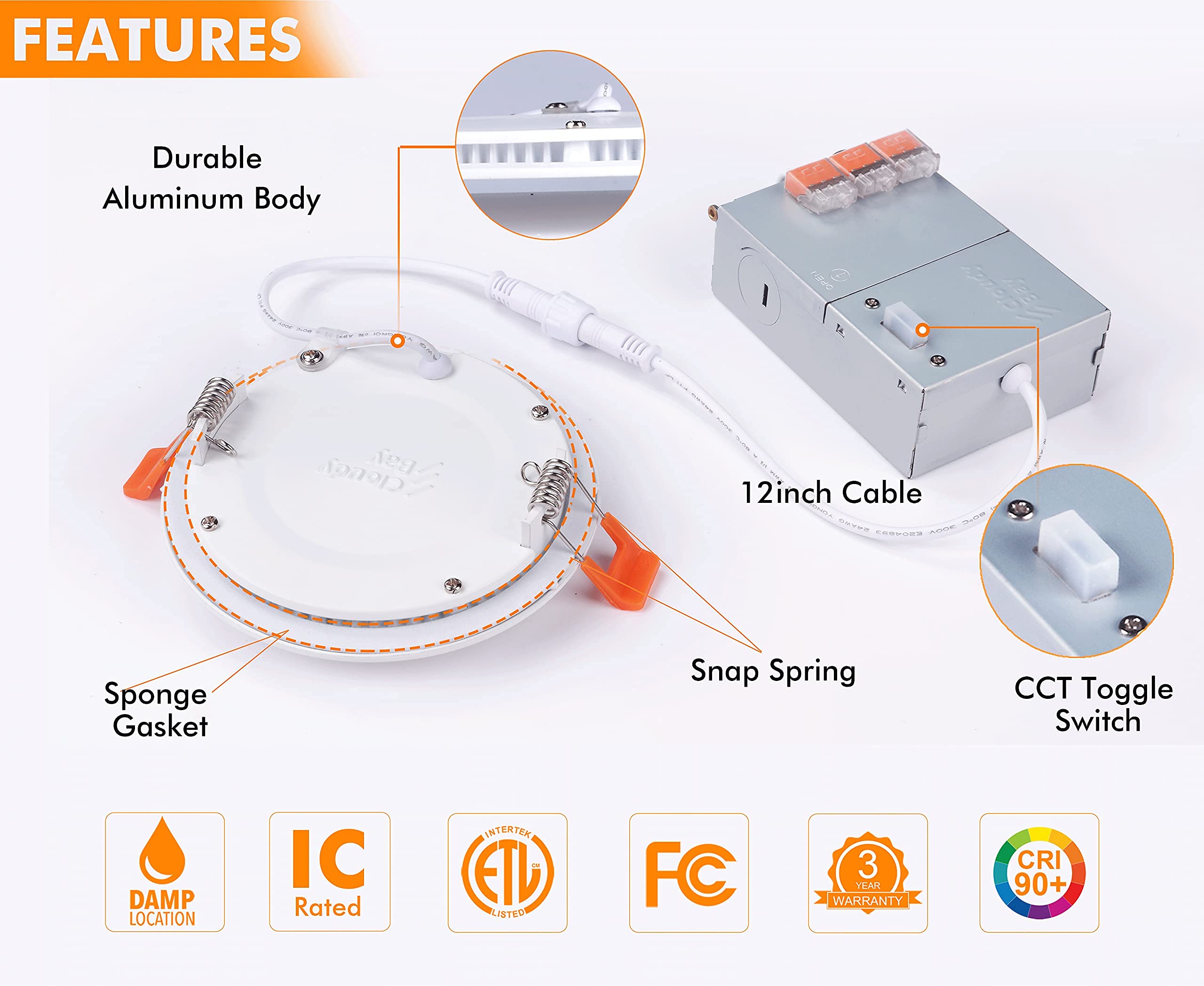 CLOUDY BAY Ultra-Thin 4" LED Recessed Ceiling Light, 5CCT, 10W Dimmable, 650LM, Polycarbonate, 12 Pack