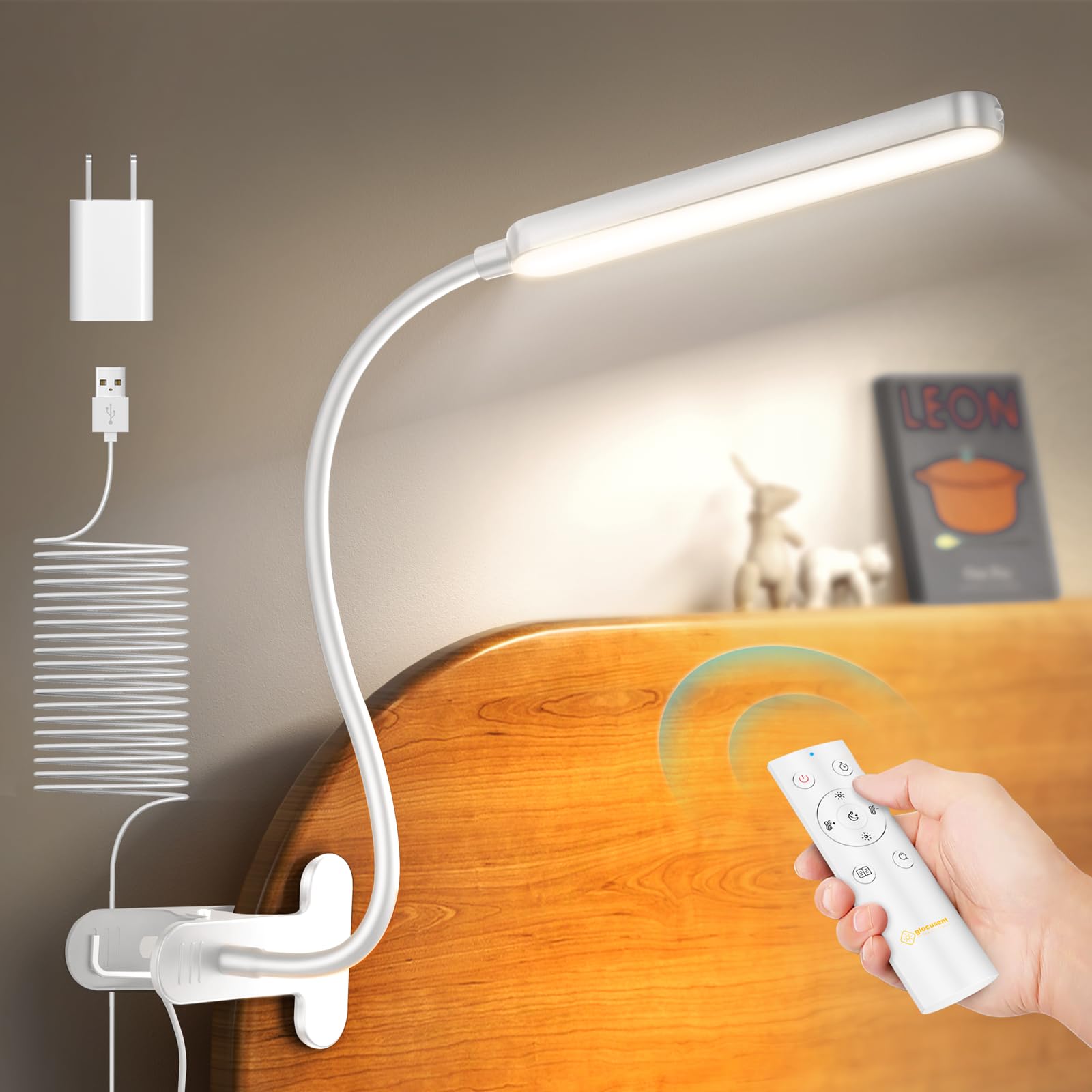 Glocusent Clip-On Light, 5W, 38 LED, 5 Color & Brightness, Remote Control, 30-Min Auto Off, White, Model GLCSNTA1901