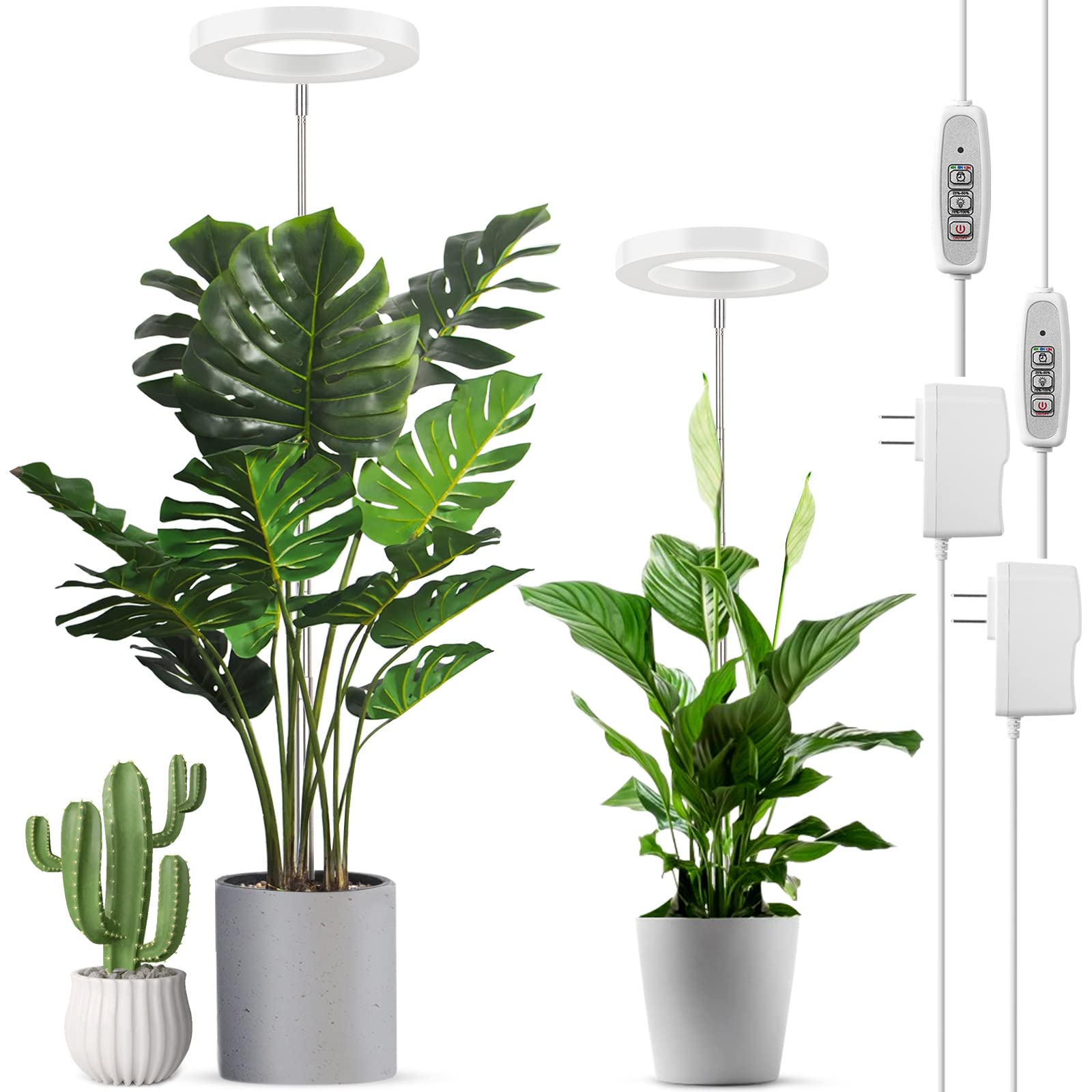 LORDEM Plant Grow Light, Full Spectrum LED Lamp, Height Adjustable, Timer, 2 Pack, White, Model HL-0026