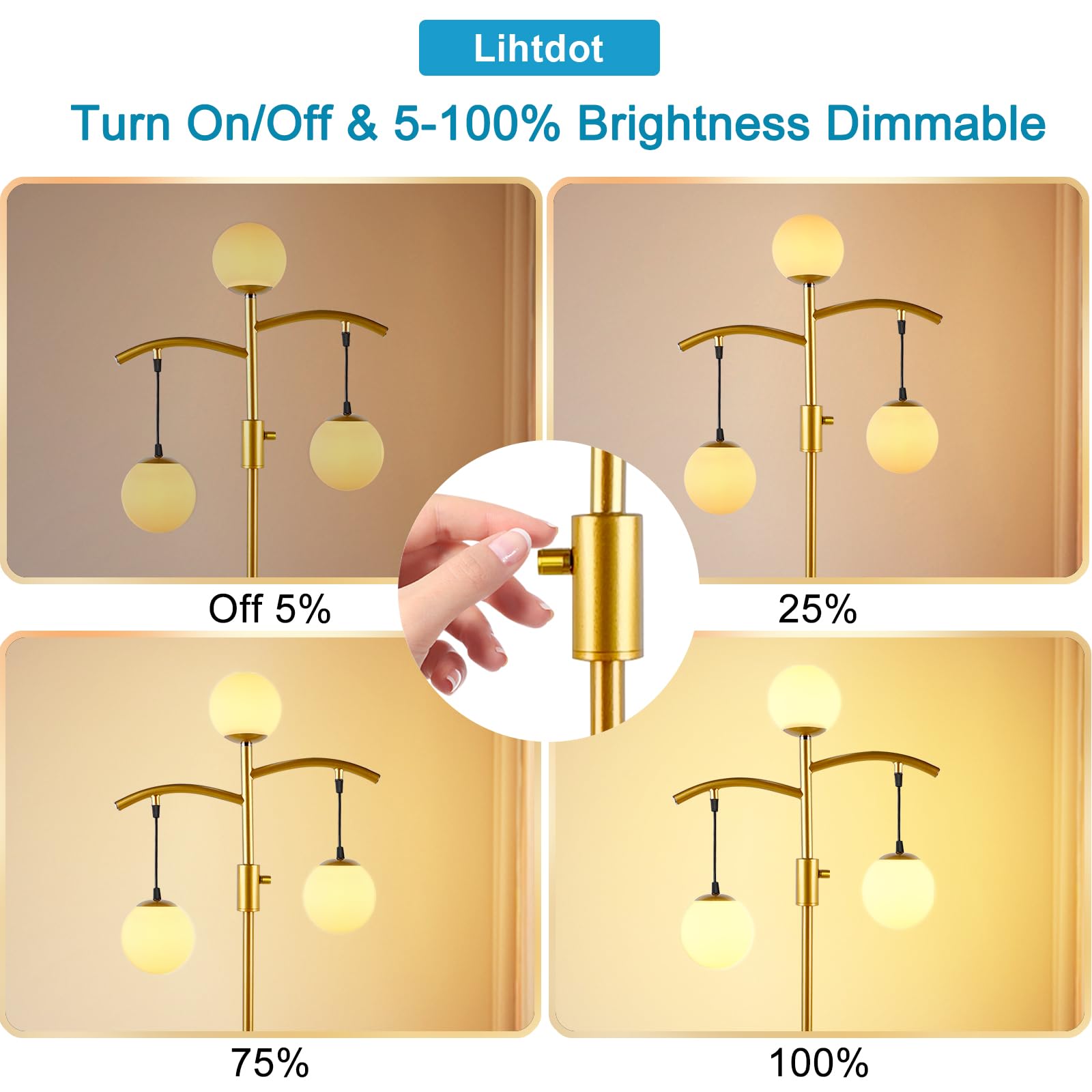 Lightdot 67IN Tree Floor Lamp, Dimmable Vintage Design, Gold Metal, E26 LED Bulbs Included, Model LFLL-95-G