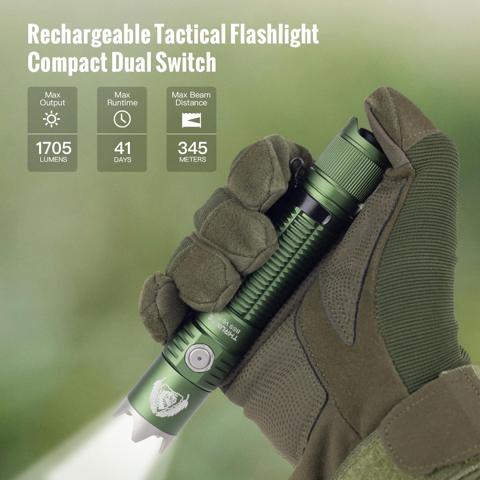 ThruNite BSS V6 Pro Tactical Flashlight - USB-C Rechargeable, 1705 Lumens, 6 Light Modes, Pocket Size, Dark Green