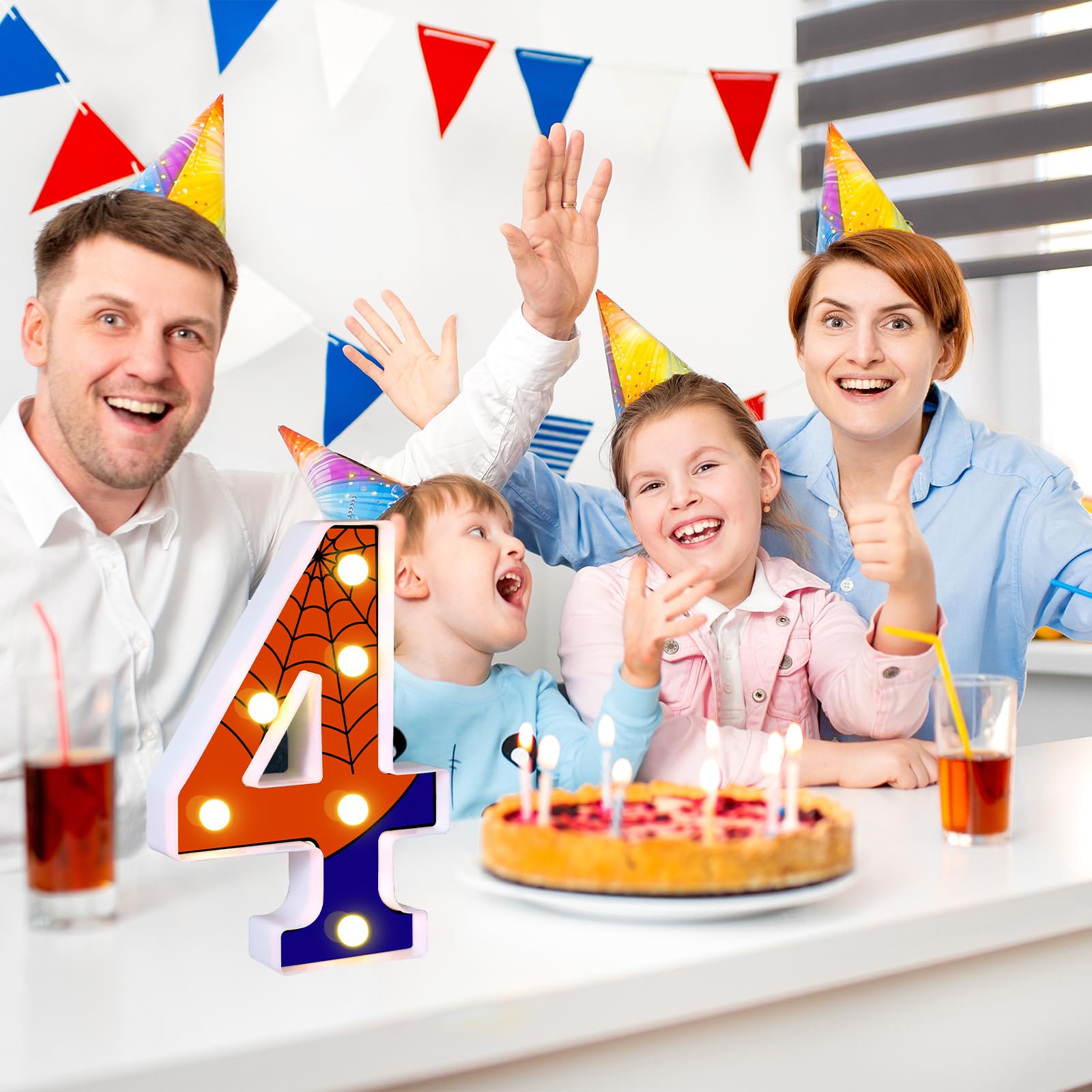 AXBMM Light Up Spider Birthday Sign, Number 4, LED, 8.5in, Blue/Red, Plastic