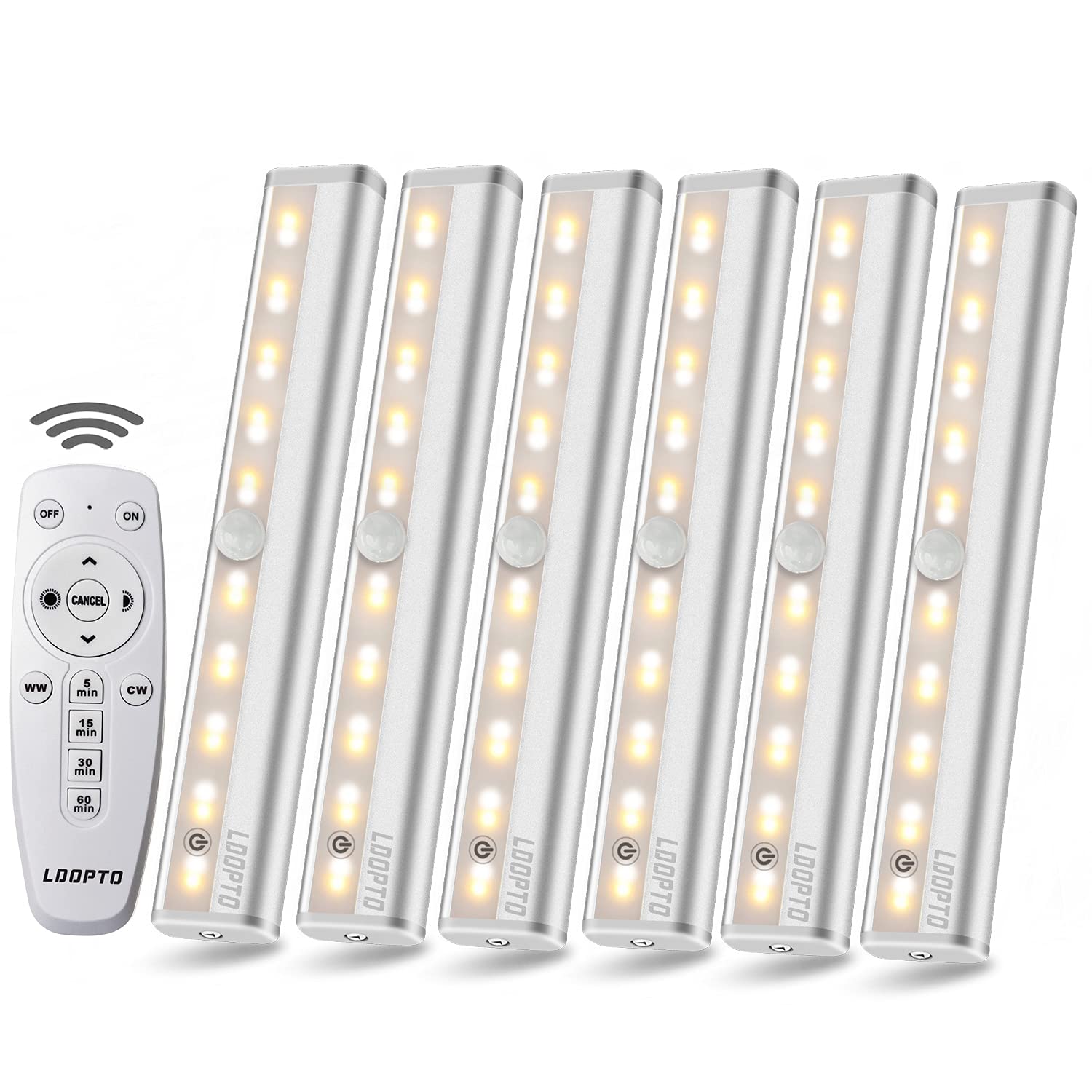LDOPTO LED Under Cabinet Lights, Wireless Dimmable, Warm White, 6 Pack, Model UF13