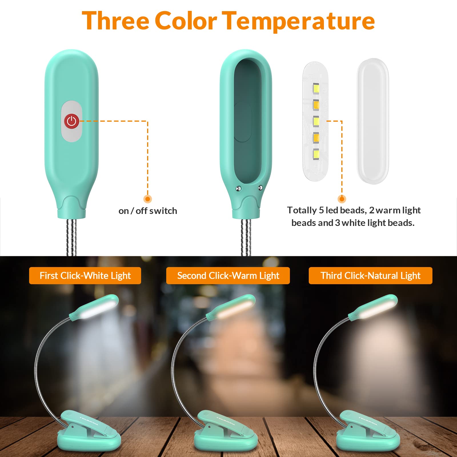 Lepower Clip On Book Light/Reading Light/Clip Lamp With 5 Led Eye Care, 3 Color Changeable, Portable Reading Lamp, Battery Opera