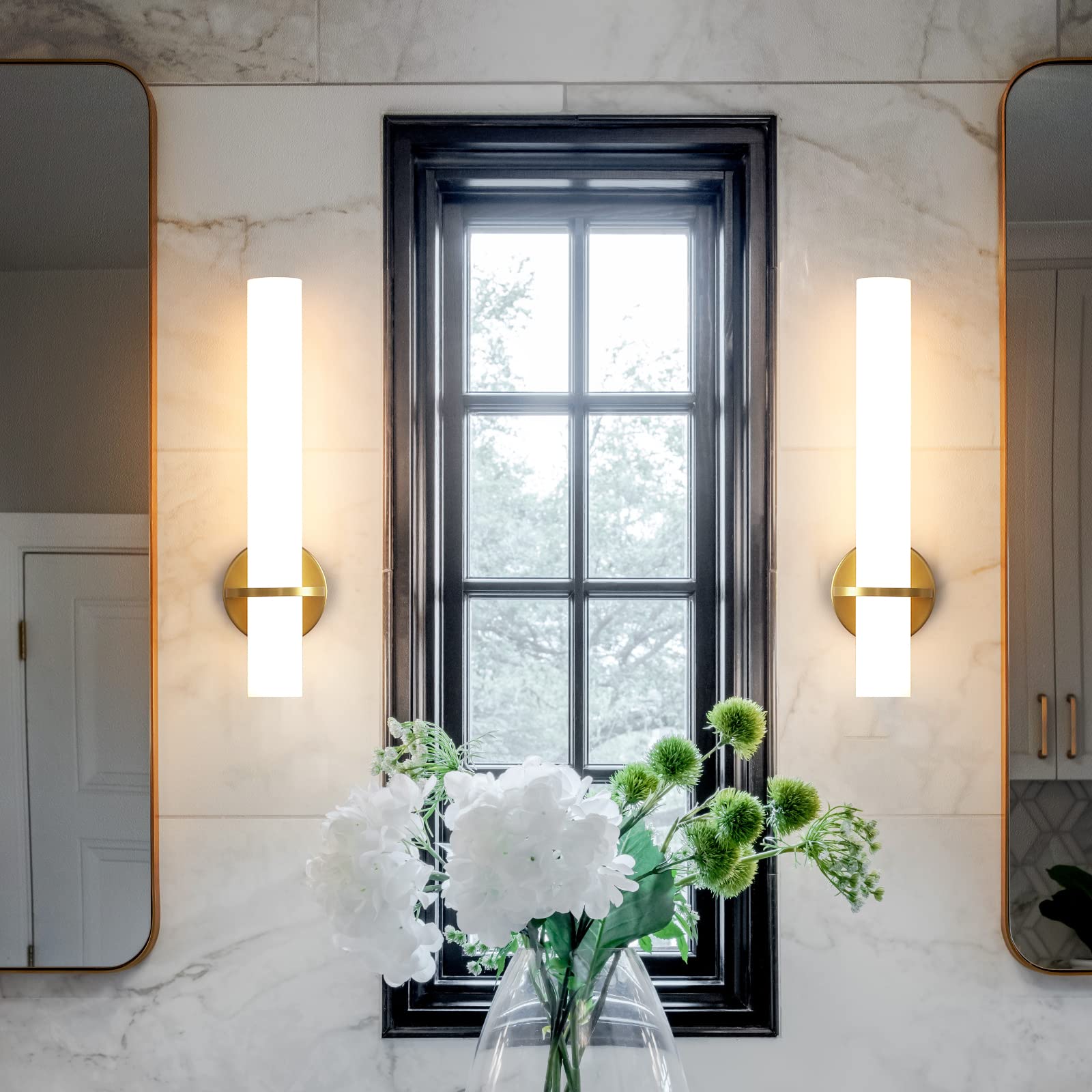 AIJIASI Gold Wall Sconces Set of Two - Dimmable 18W LED Lighting for Living Room, Bedroom, Bathroom - Acrylic Lampshade, Model 8001WL-15