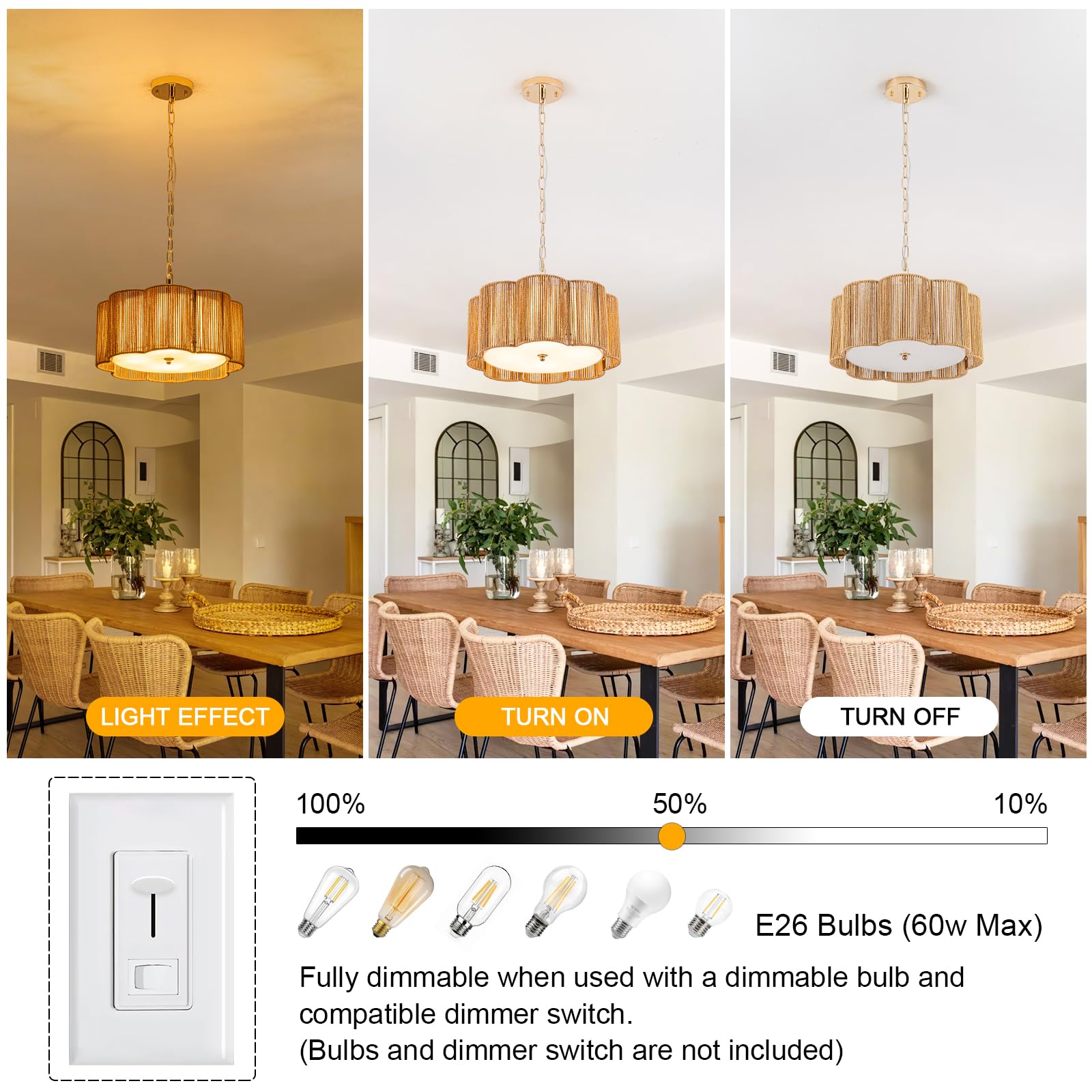 Tbaoinla Plum Linear Weave Rattan Ceiling Light & Chandelier (16.5'' 4-Light) Flush Mount Flush E26 & 3D Woven Fireproof Pc Pane