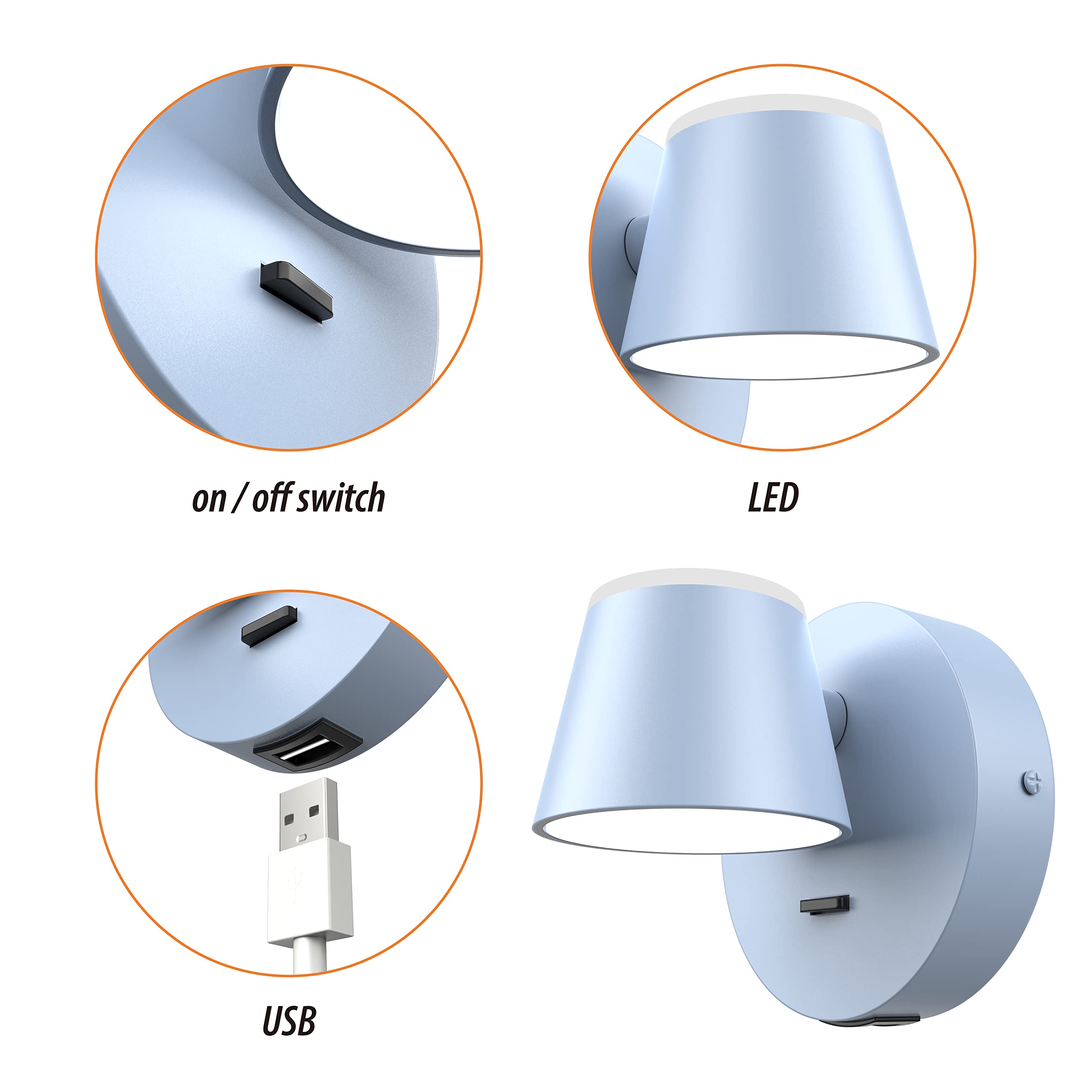 URSOLA LED Wall Sconce Set of Two, Hardwired 2 PCS, Metal, Blue, USB Charging Port, Model 7540-1T