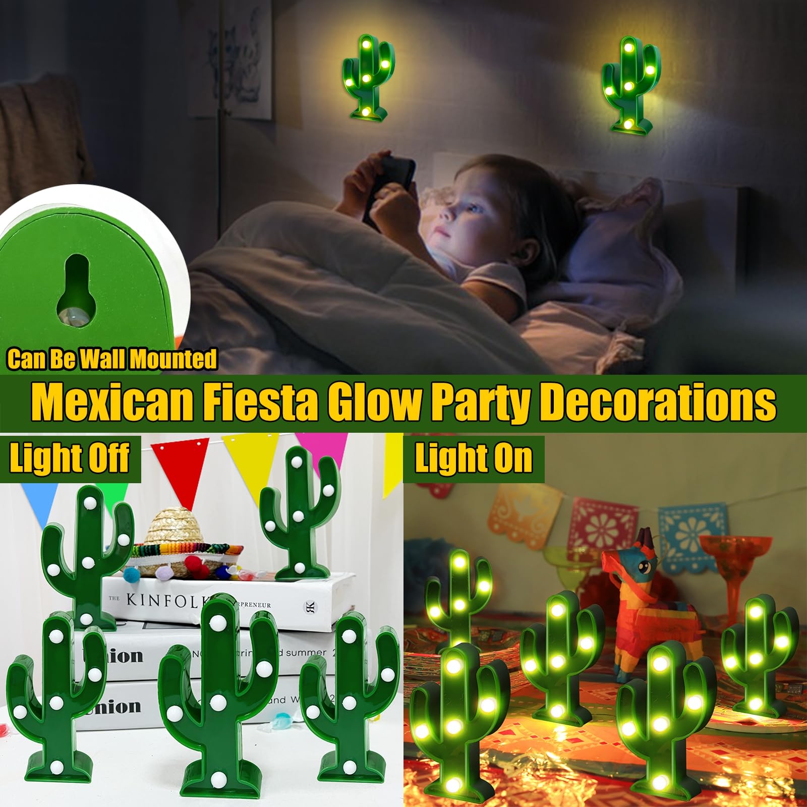 Turnmeon 5 Piece Cactus Decor Led Cactus Light Fiesta Decorations, Fiesta Mexican Party Decorations Green Cactus Night Light Cute Table Lamps For Kid'S Room Bedroom Home Decor (4.72 X 2.76 Inch)