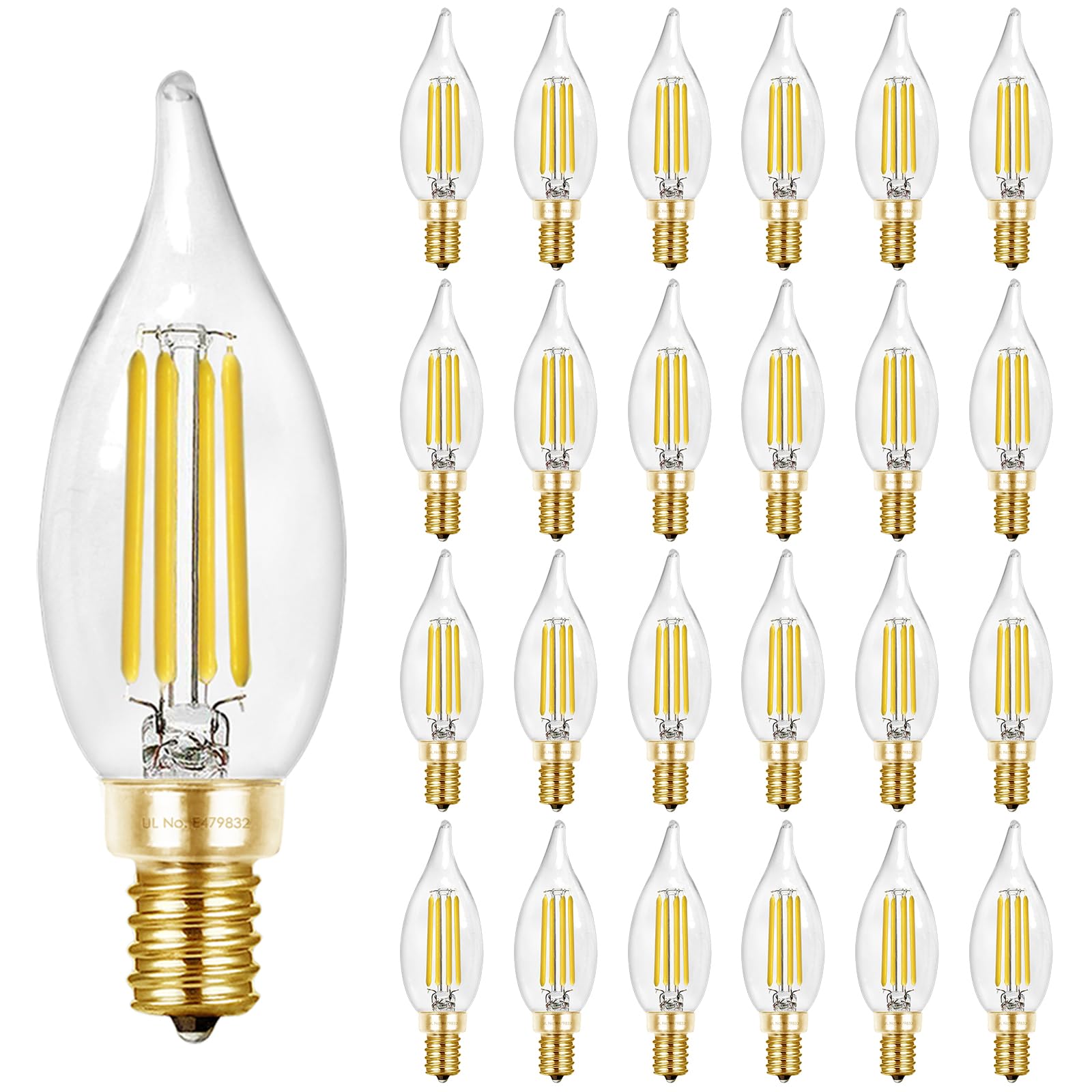 Hizashi E12 Candelabra Bulb 60 watt  E12 LED Bulb Dimmable  5000K Daylight White  90+ CRI 6W 550LM  CA11 Flame Tip LED Chandelier Light Bulbs Candelabra Base  UL Listed - 24 Pack