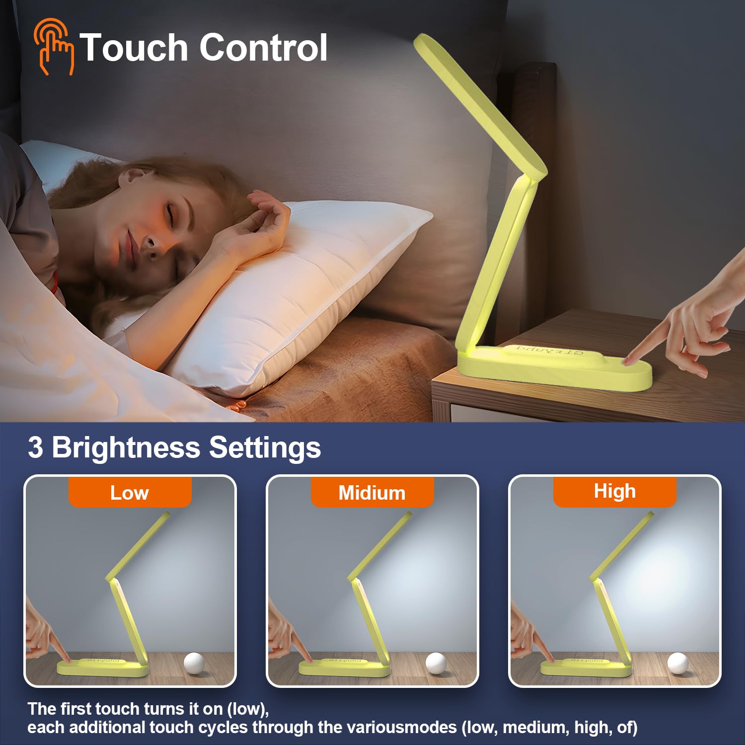 Giryuhd LED Desk Lamp Rechargeable Foldable Portable Light, 3 Brightness Dimmable, Yellow, Model A211