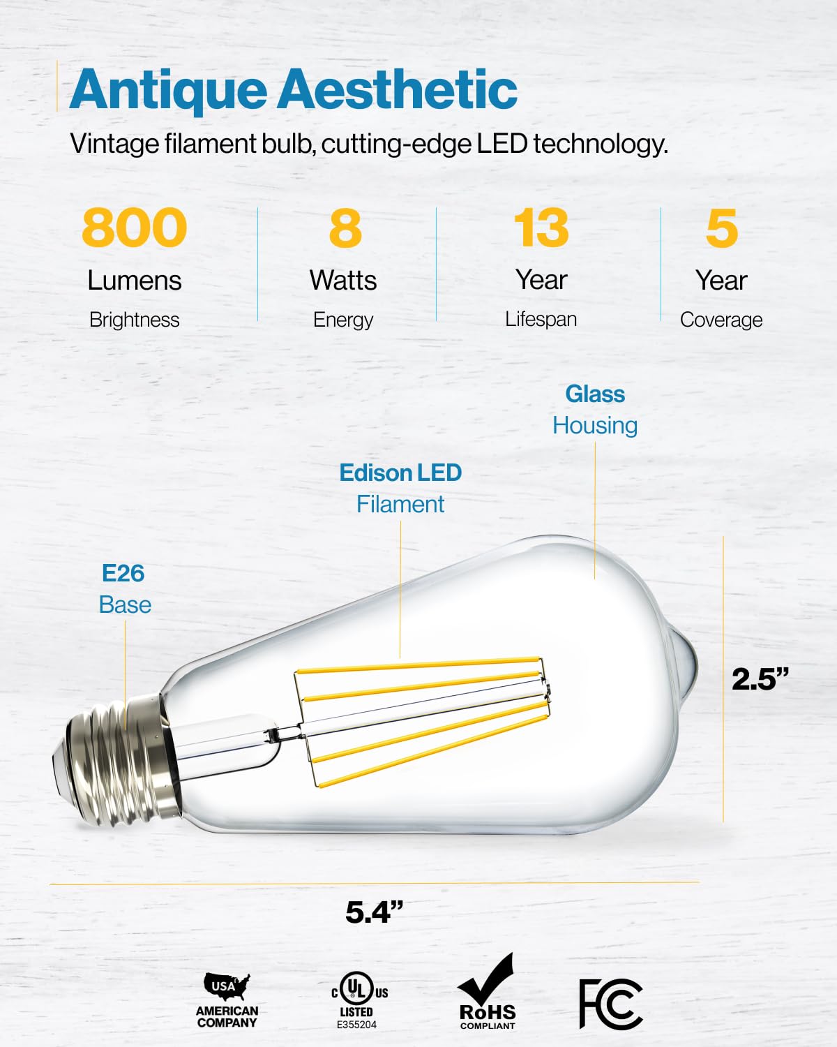 Sunco 8 Pack Edison Bulbs Led St64, Clear Vintage Filament Waterproof Bulb, 800 Lm, 8.5W (60W Equivalent), 3000K Warm White, E26