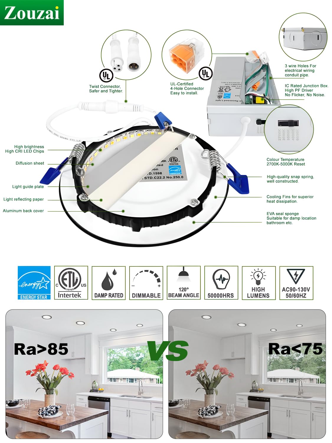 Zouzai 6 Pack 4 Inch Black 5Cct Reset Ultra-Thin Led Recessed Ceiling Light With Junction Box, 2700K/3000K/3500K/4000K/5000K Sel
